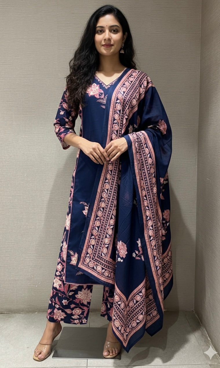 NAVY BLUE FLORAL MOTIFS KURTA SET