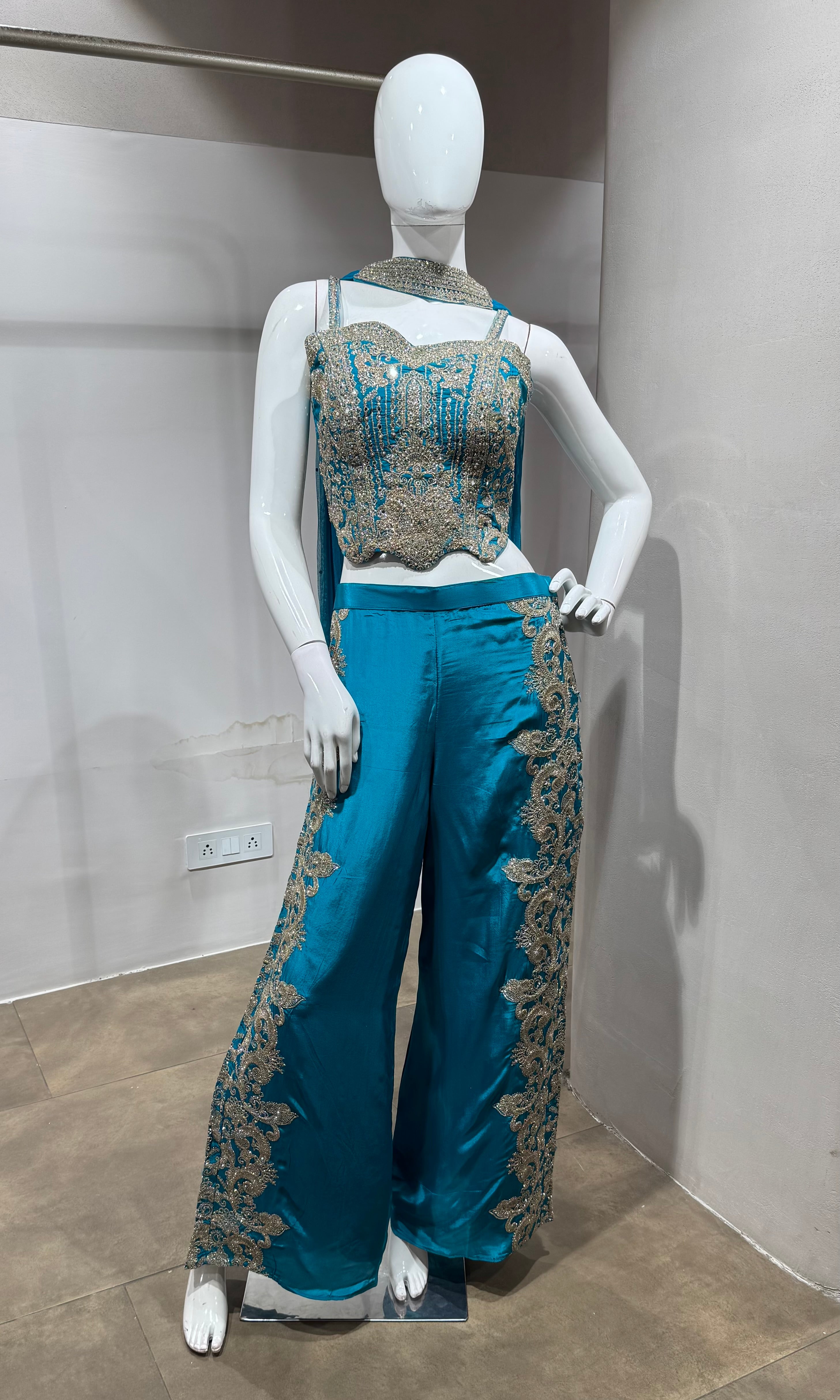 Rama blue Embroidered Indo-Western Set