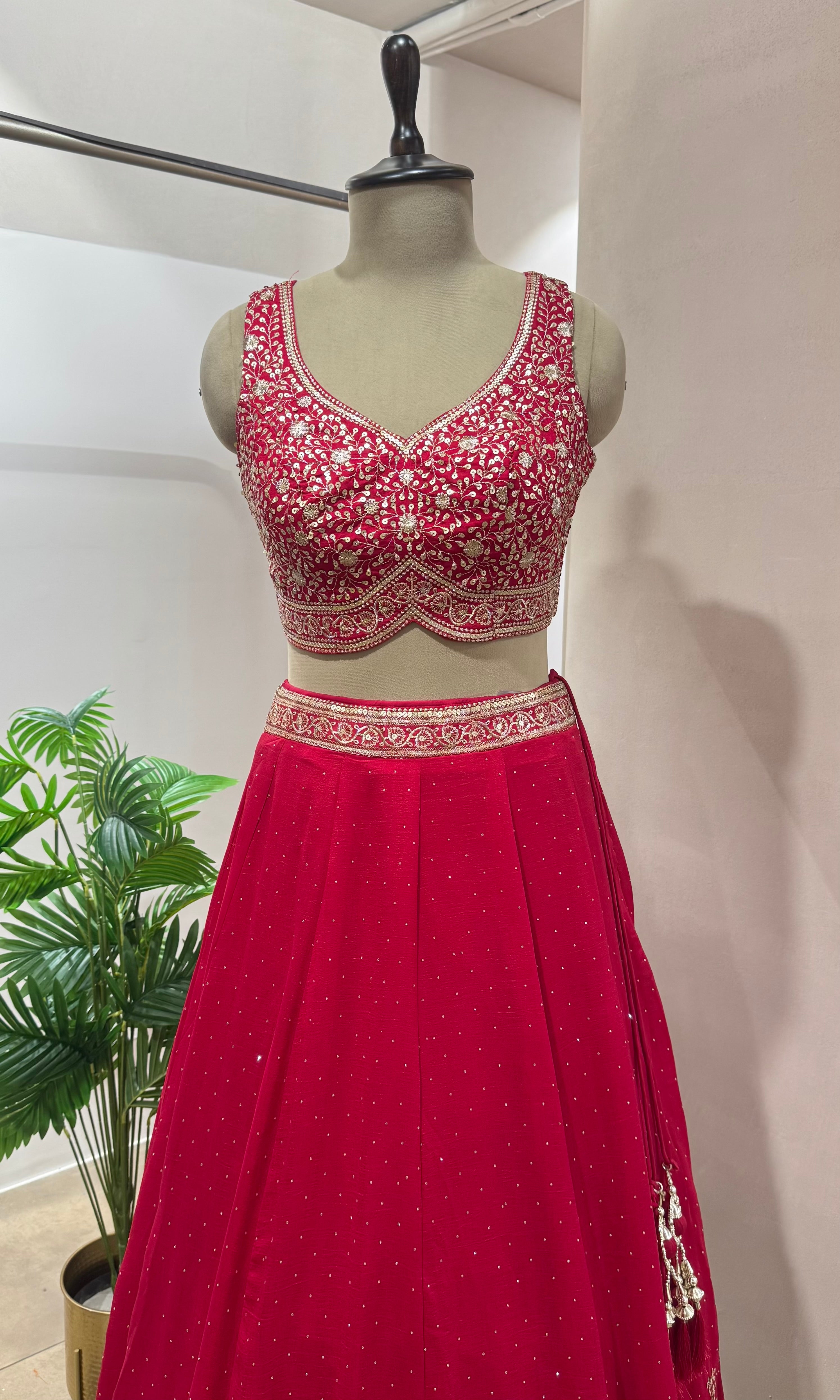 Rani pink GOLDEN FLORAL EMBROIDERY Lehenga