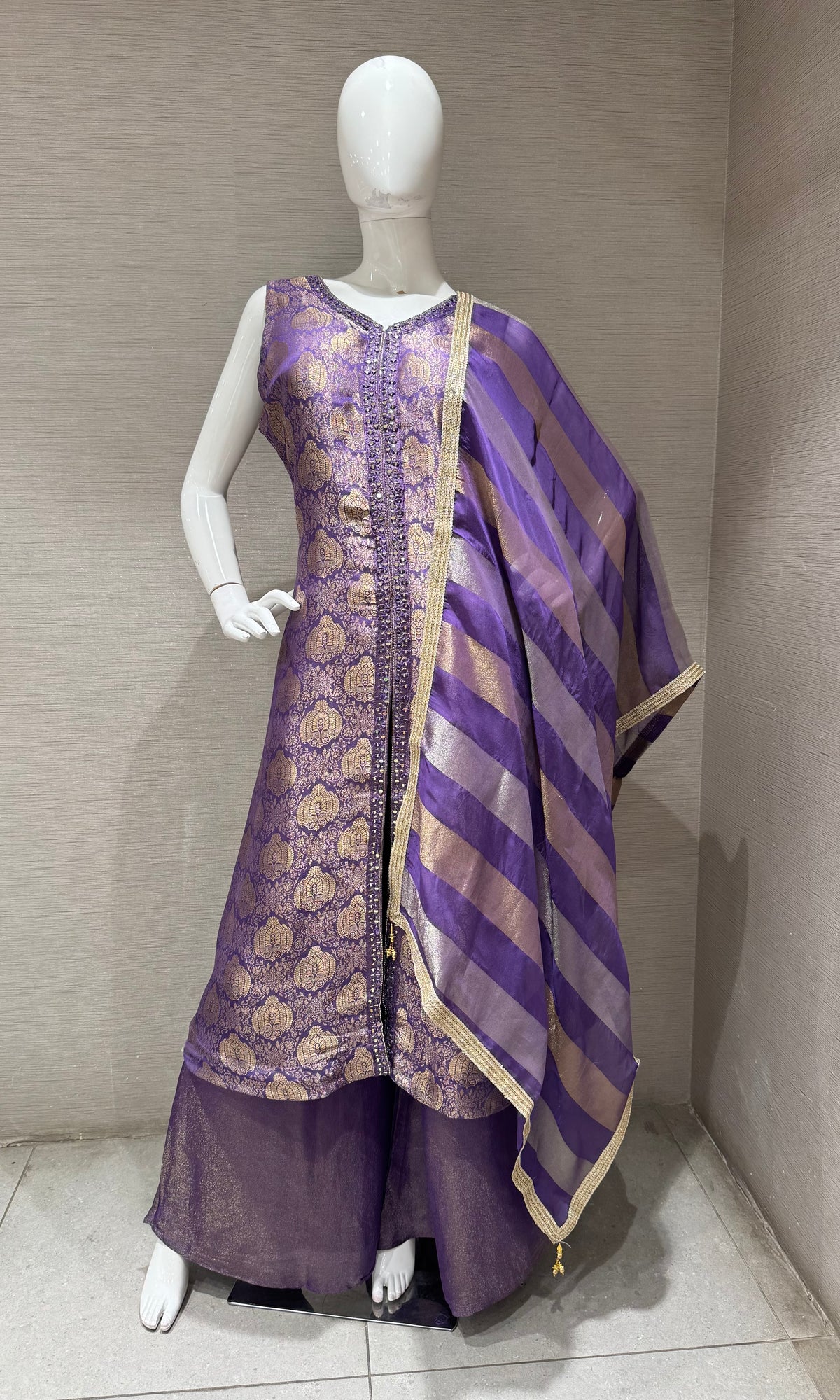 Purple and Gold Banarasi Silk Anarkali Set with Dupatta