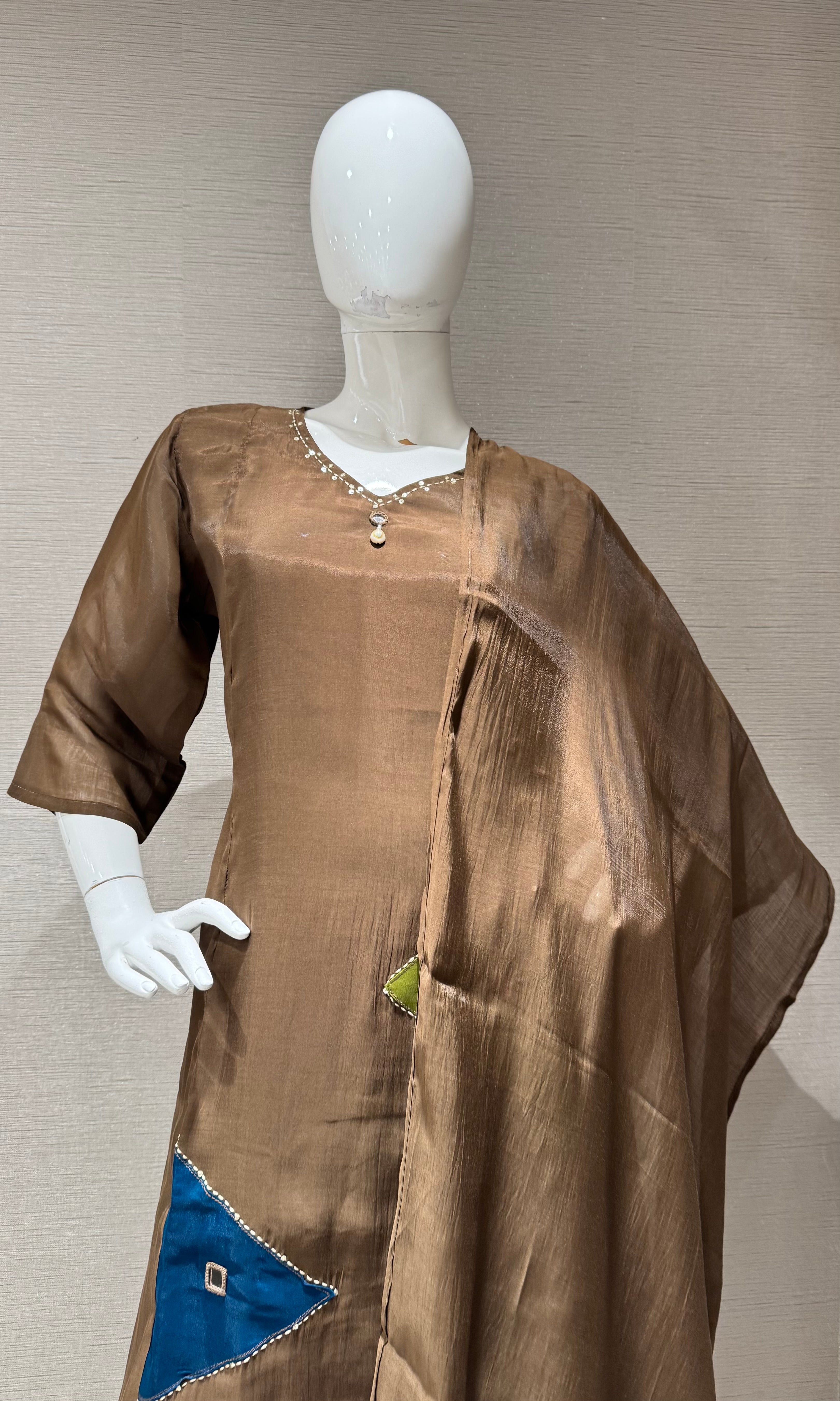 Brown Straight Patch Kurta Set with Dupatta