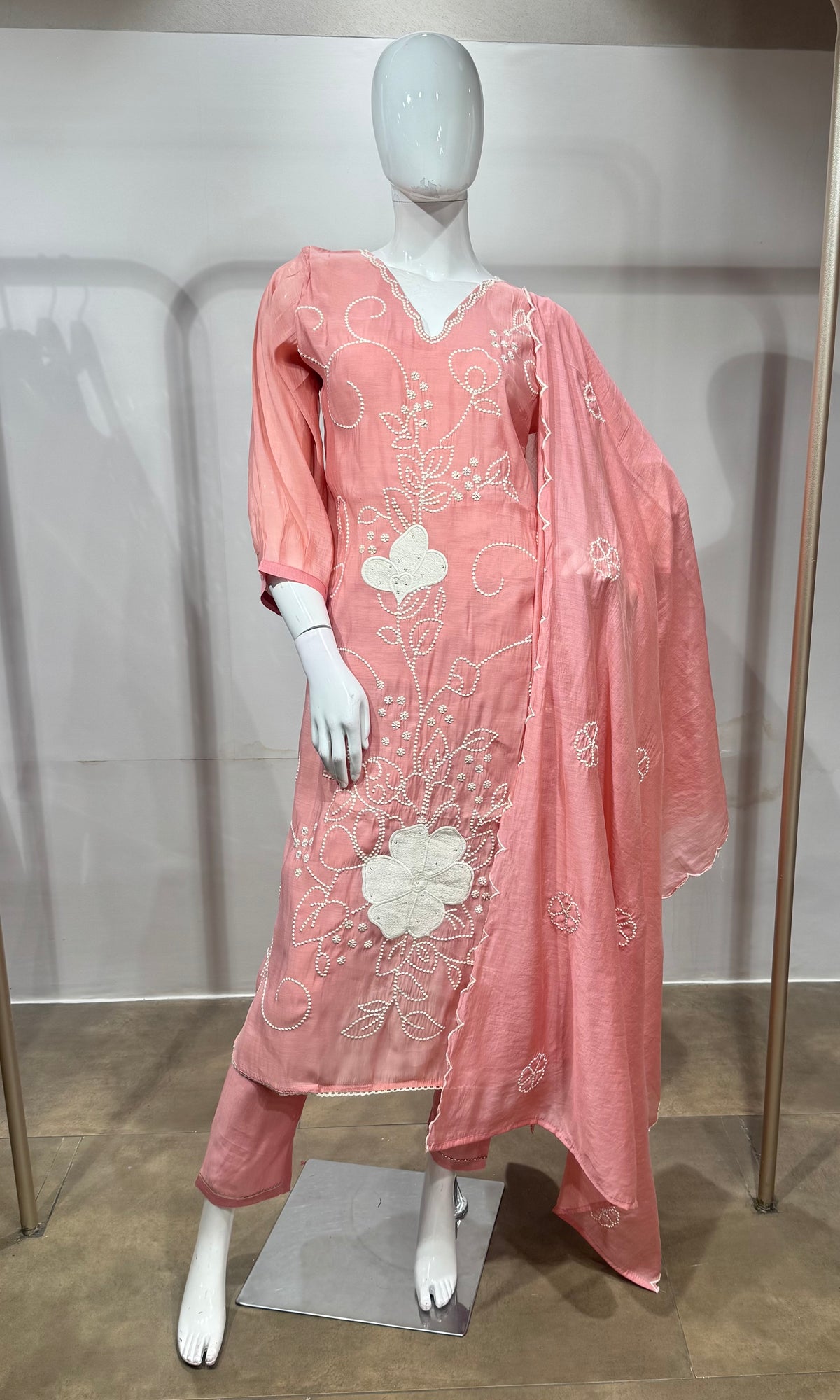 Baby Pink Cotton silk Floral Kurta set with dupatta