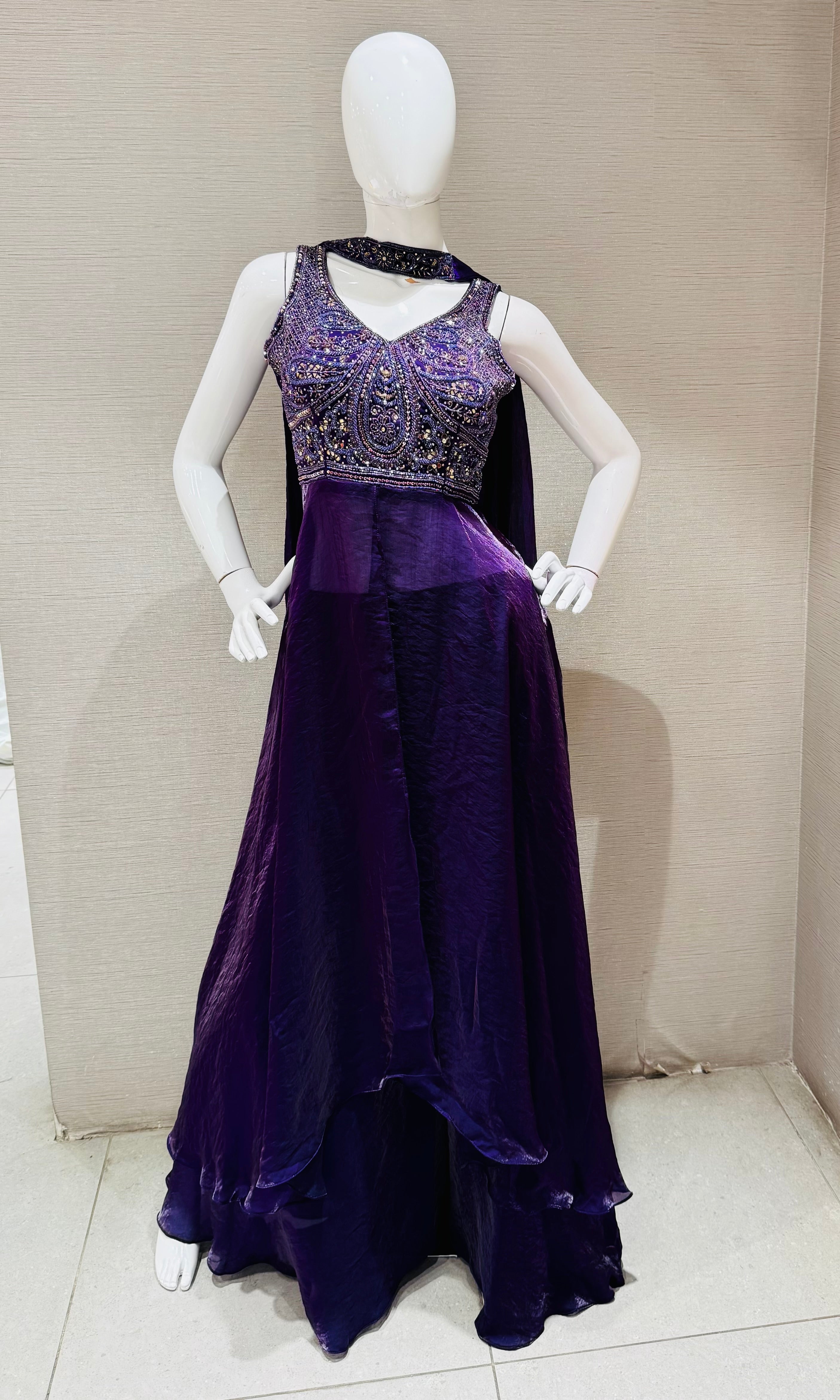 Purple embroidered front slit anarkali with palazzo Pants