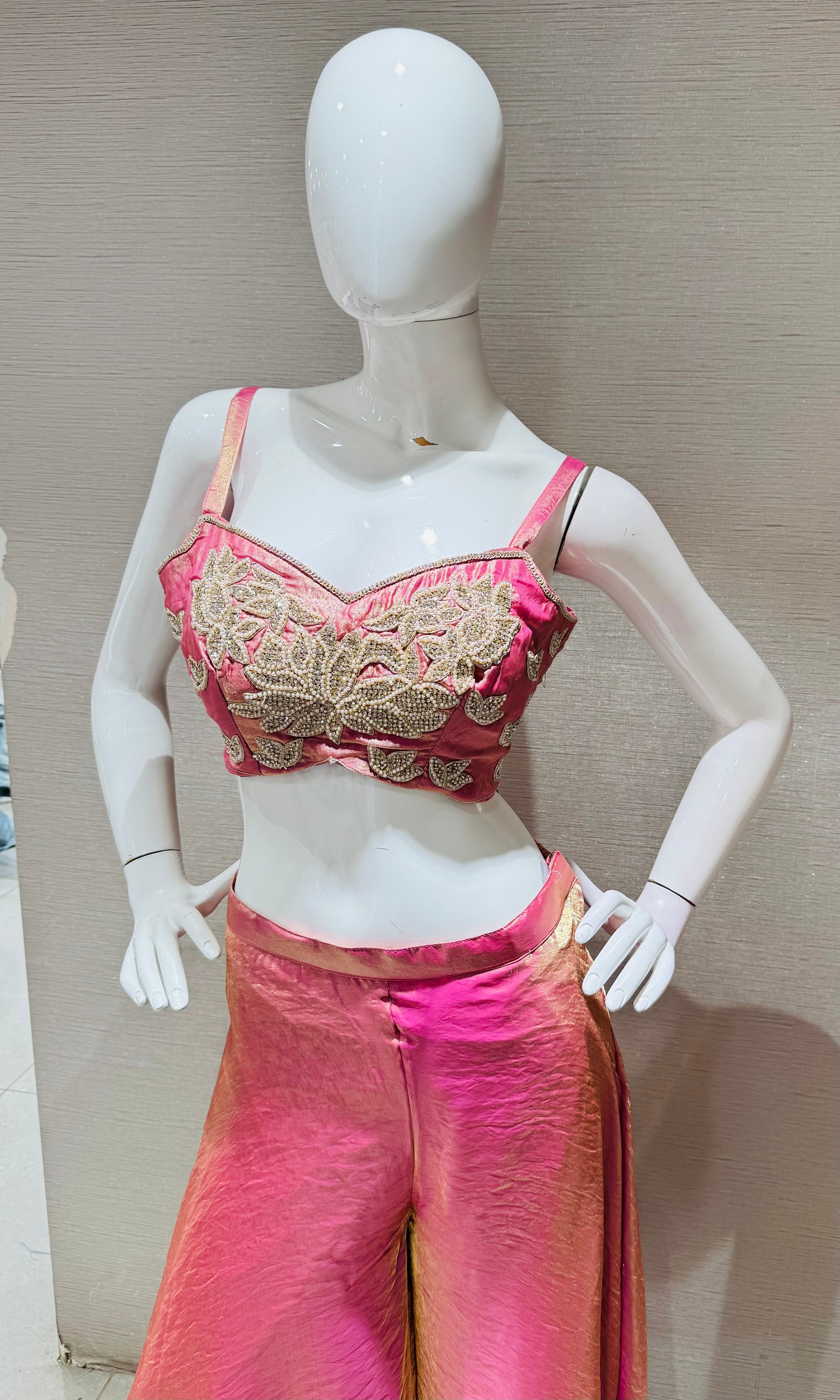 PINK EMBROIDERED CROP TOP PLAZZO COAT