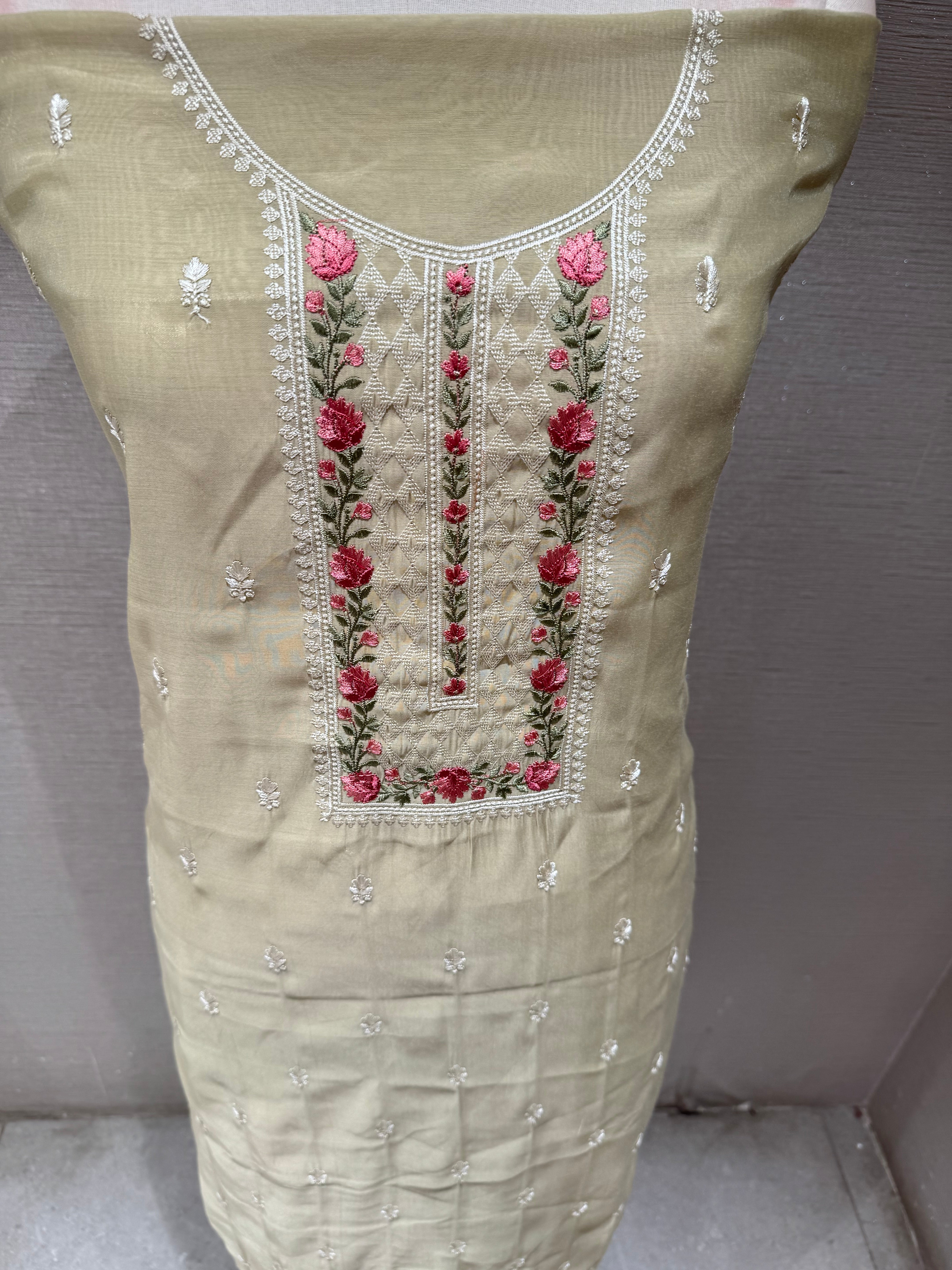Olive Green floral embroidery dress material