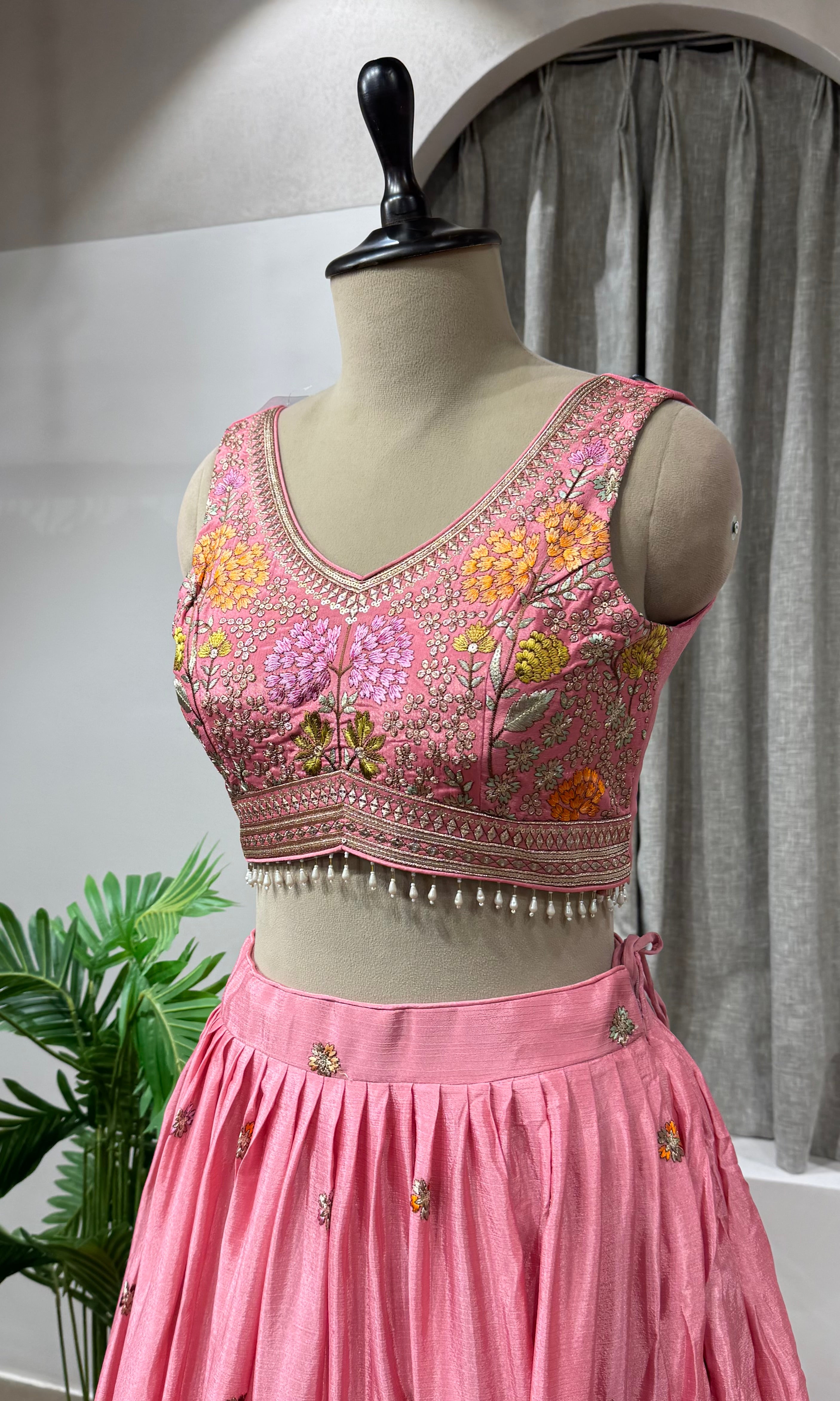 Pink Organza Embroidered Bridal Lehenga