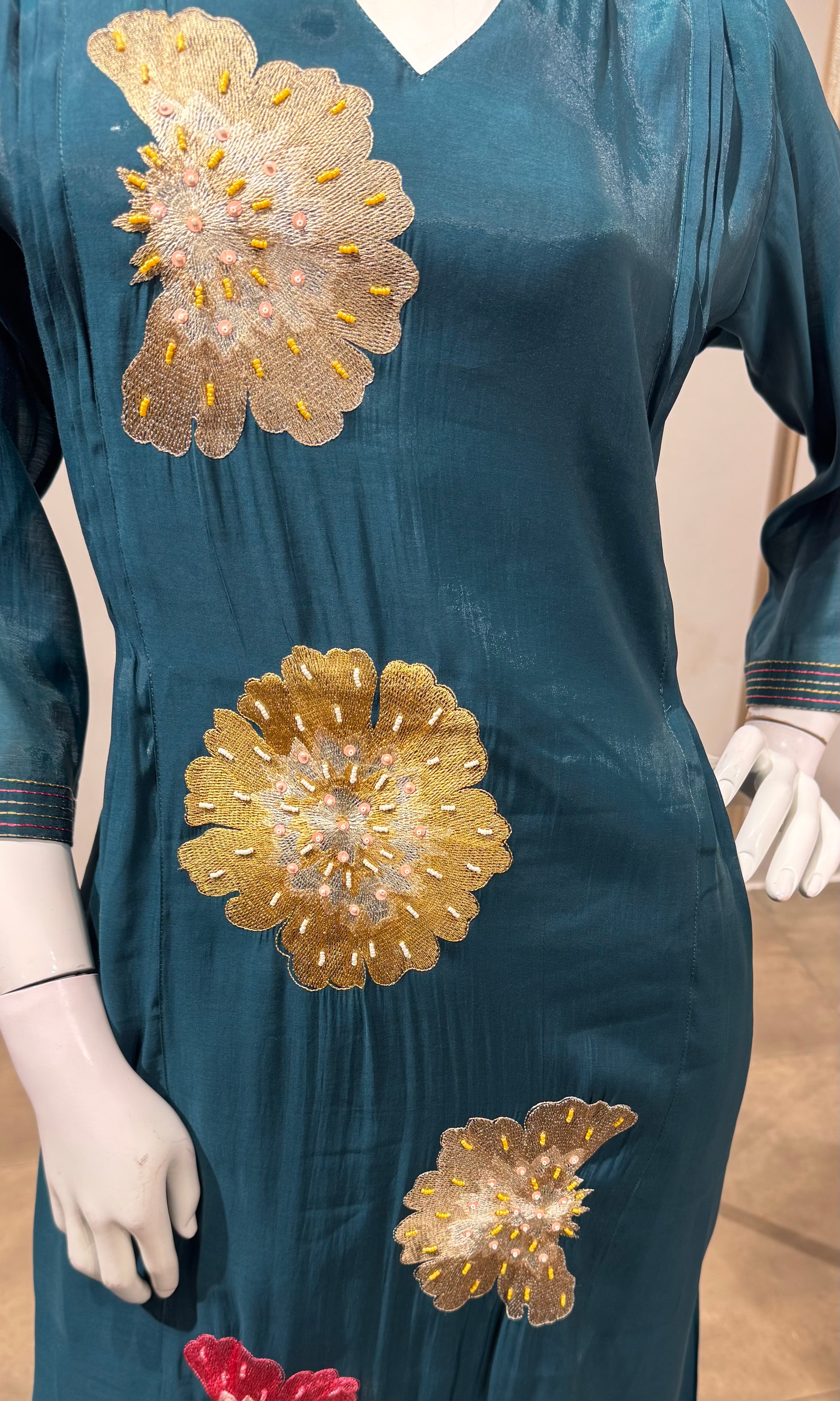 Teal Blue floral printed kurta set