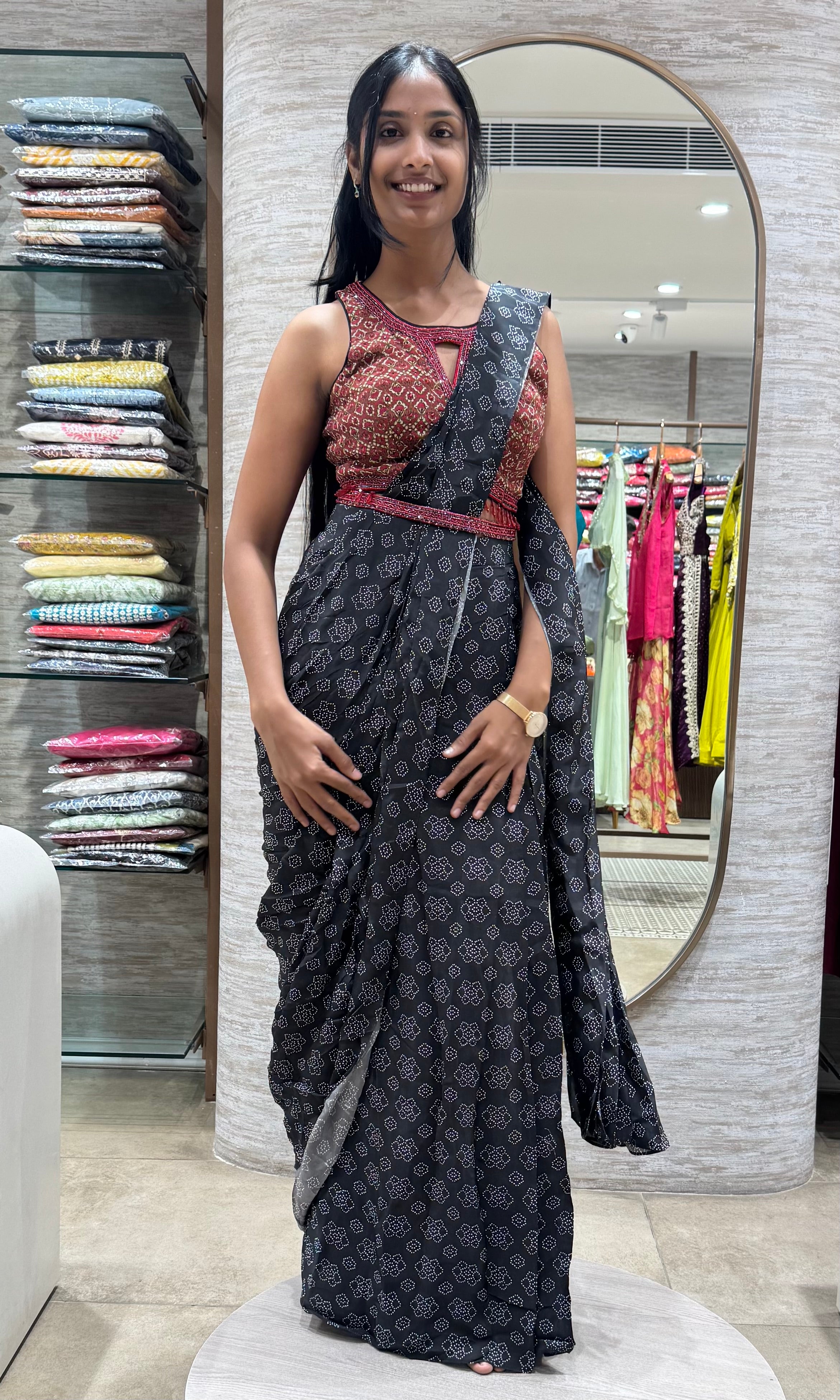 MAROON AND BLACK floral printed DRAPE SAREE