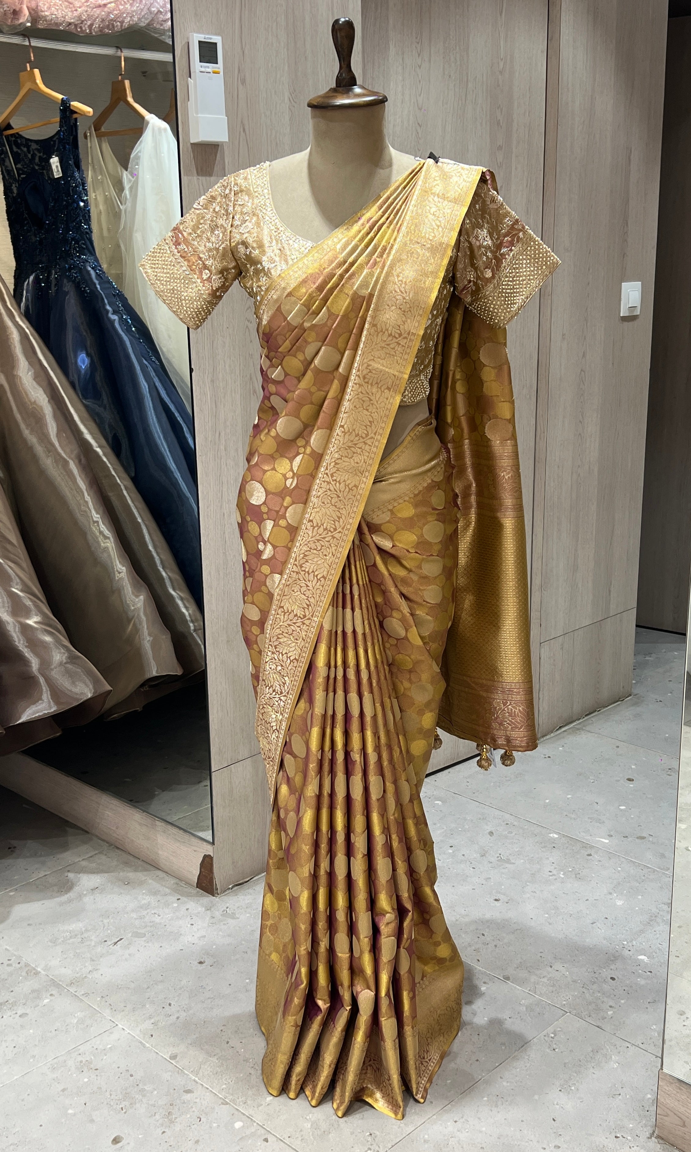 Gold saree with ready blouse