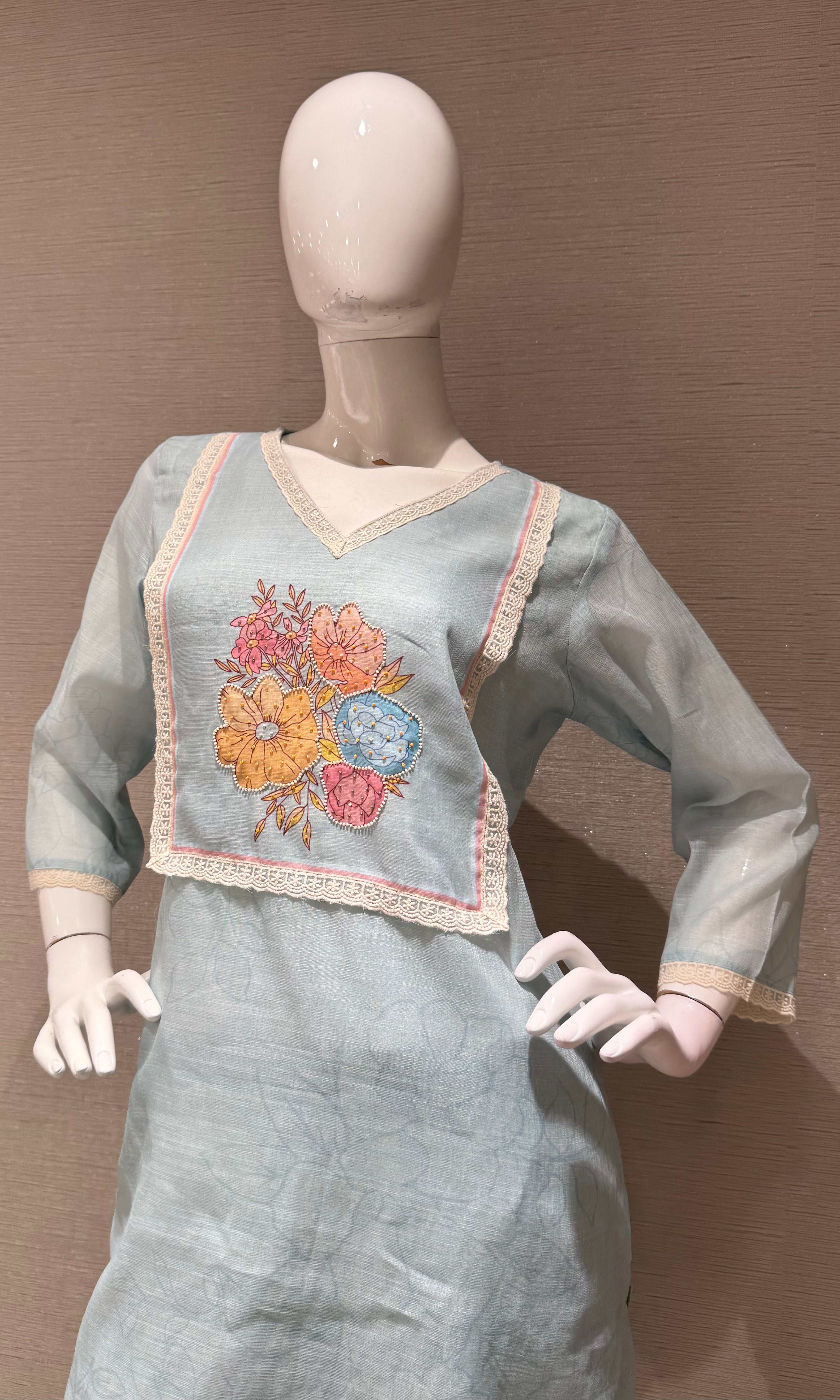 Sky Blue Straight Kurta Set with Multicolor Pastel dupatta