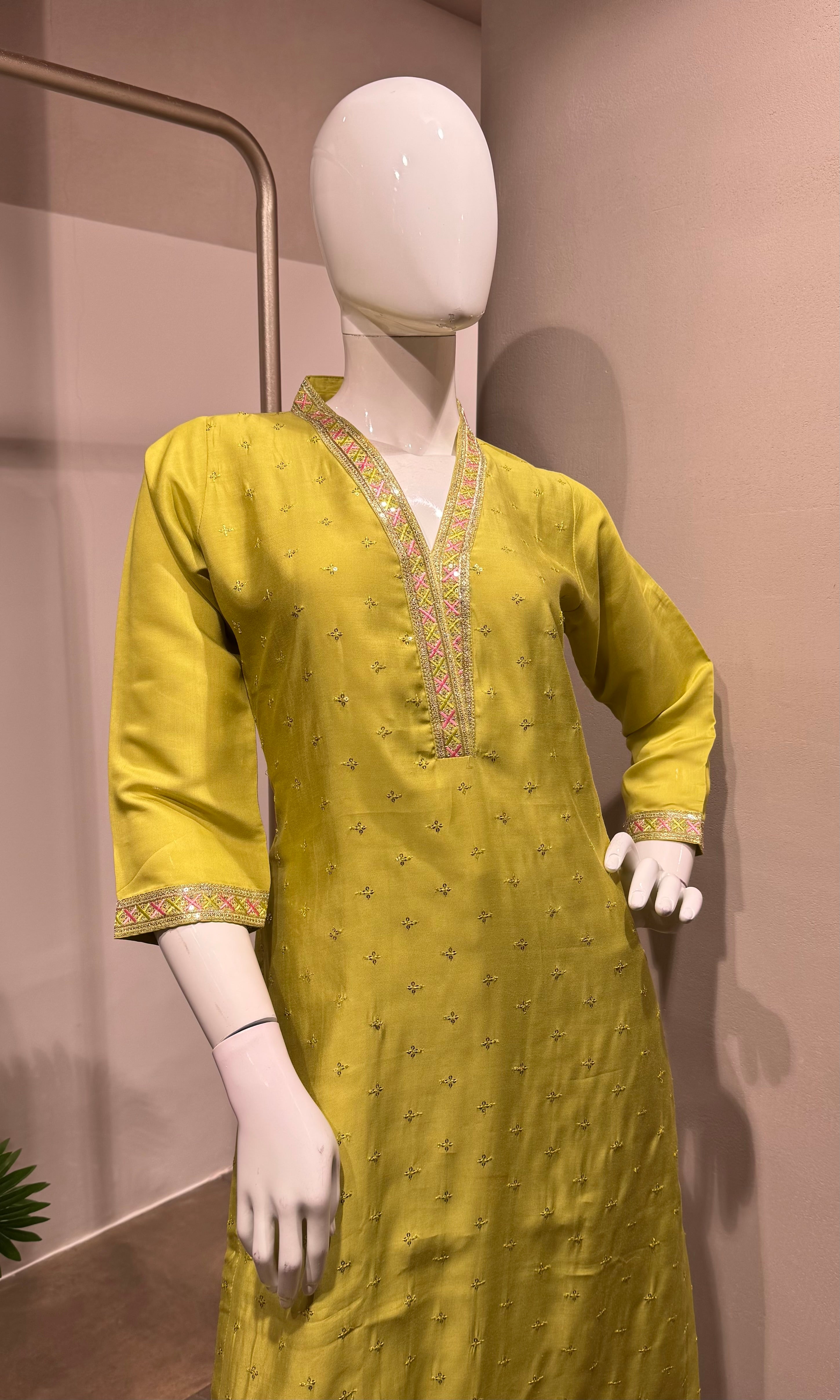 green embroidered straight kurta set