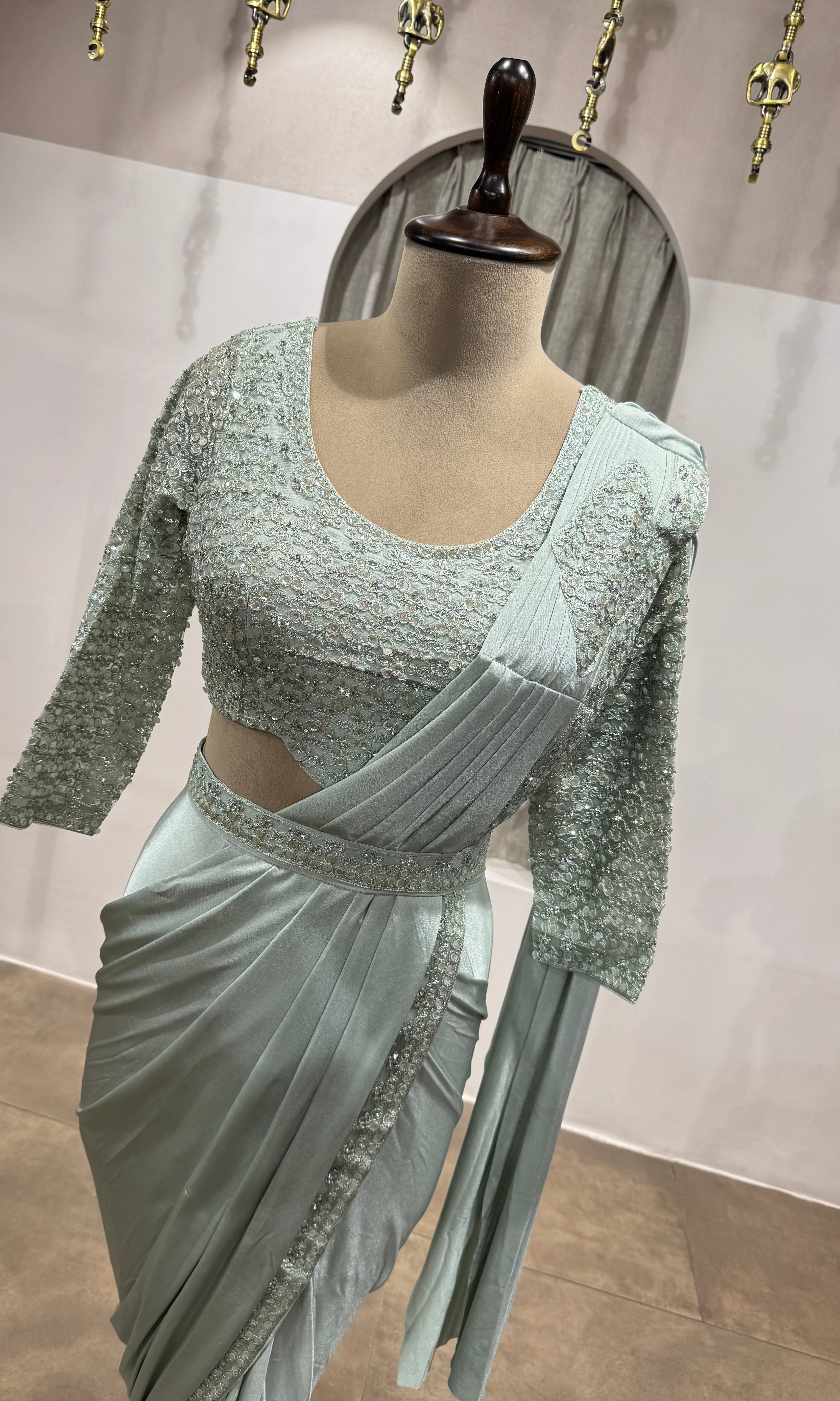 Pista Green DRAPE SAREE WITH ETHNIC BLOUSE & BELT