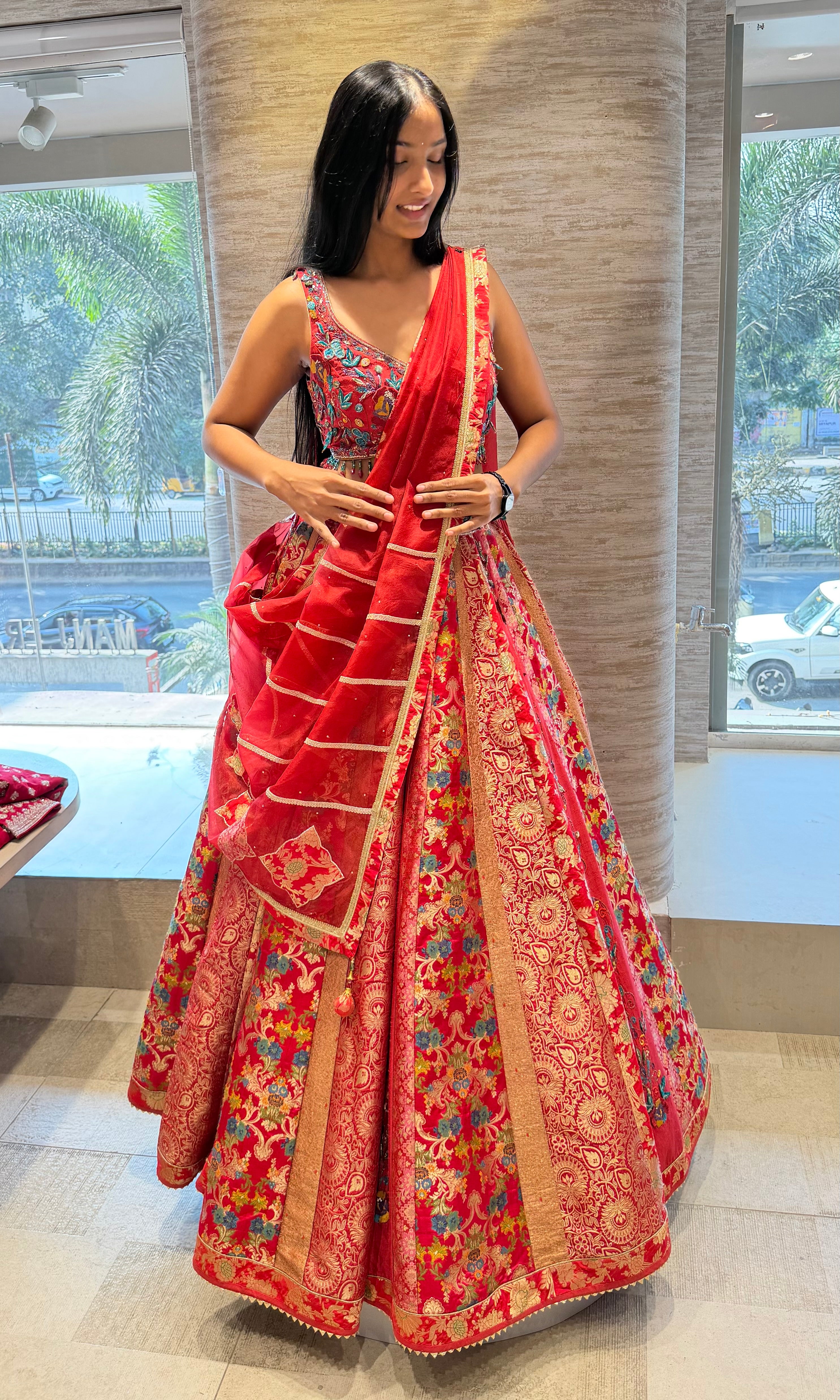 Red Floral Embroidered Lehenga Set