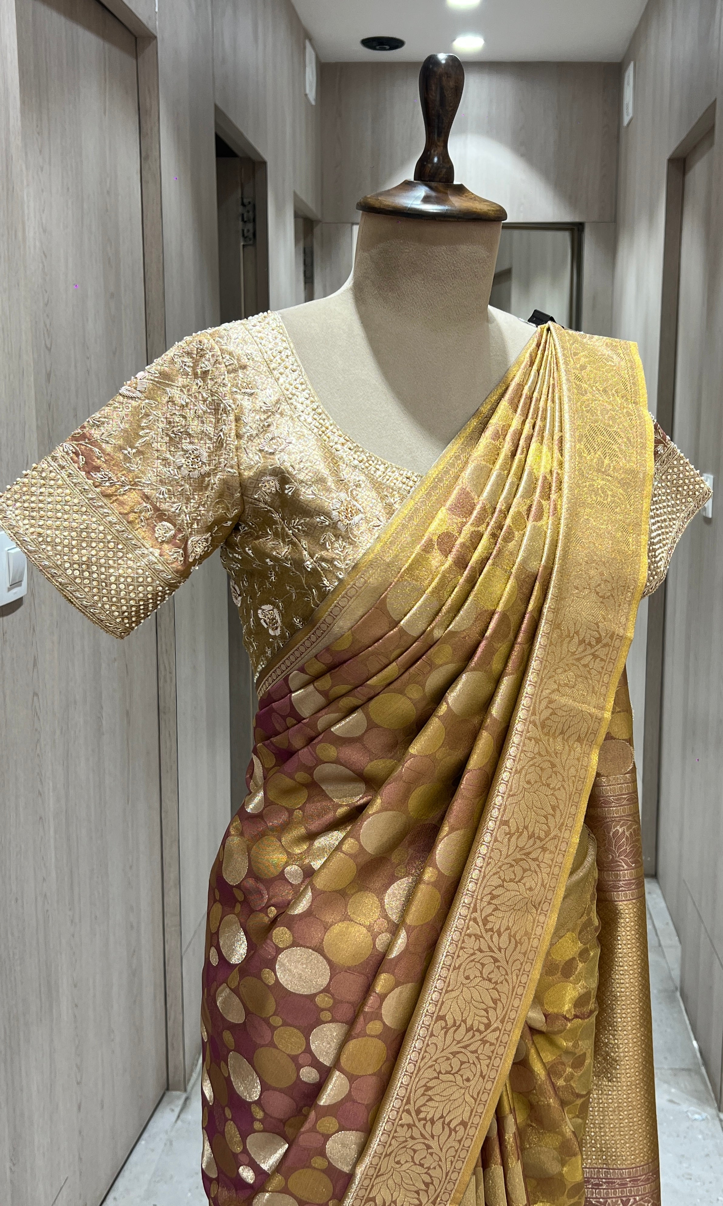 Gold saree with ready blouse