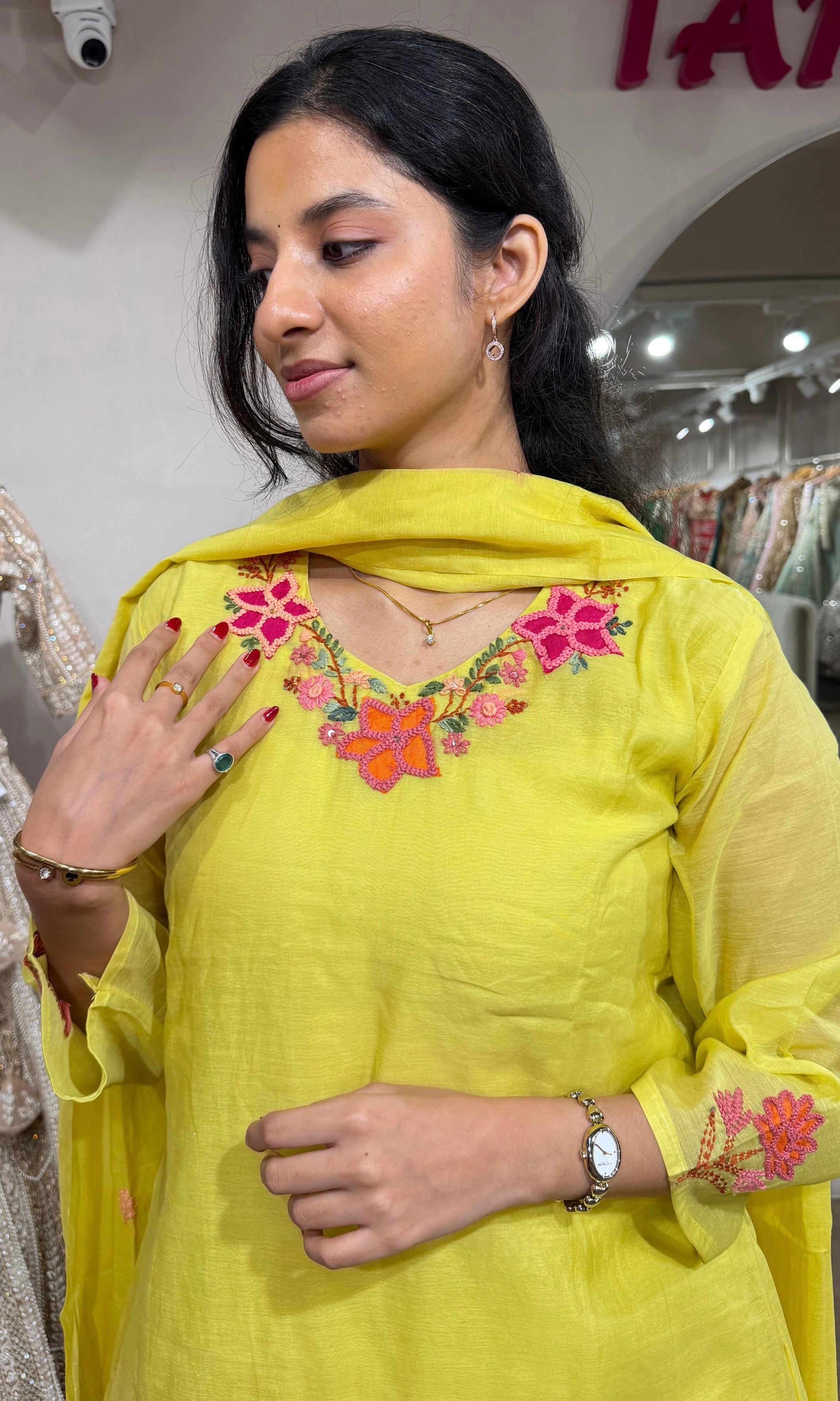 Green Cotton Kurta Set with Botanical Embroidery