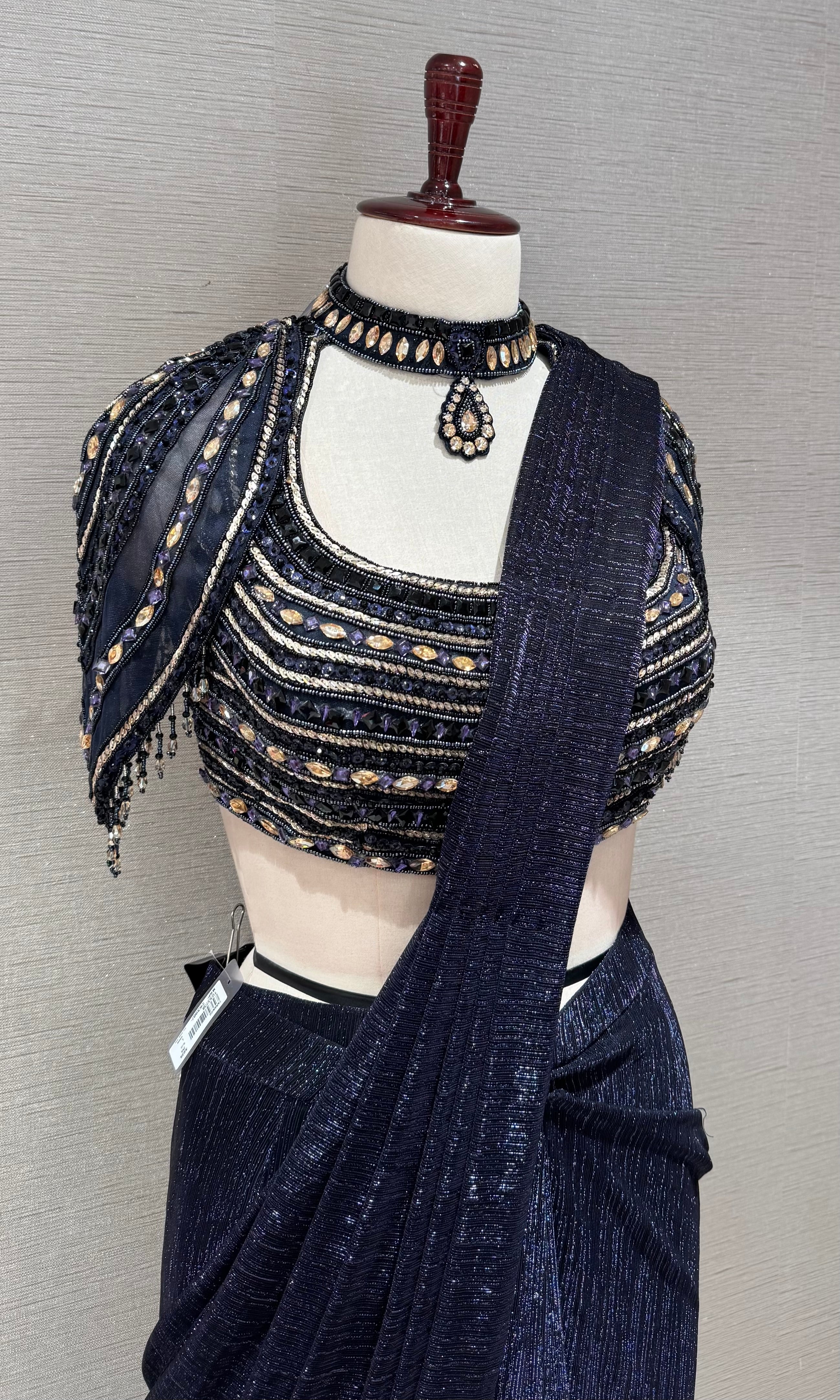 Blue Shimmer Saree and Silver Beaded Blouse Set