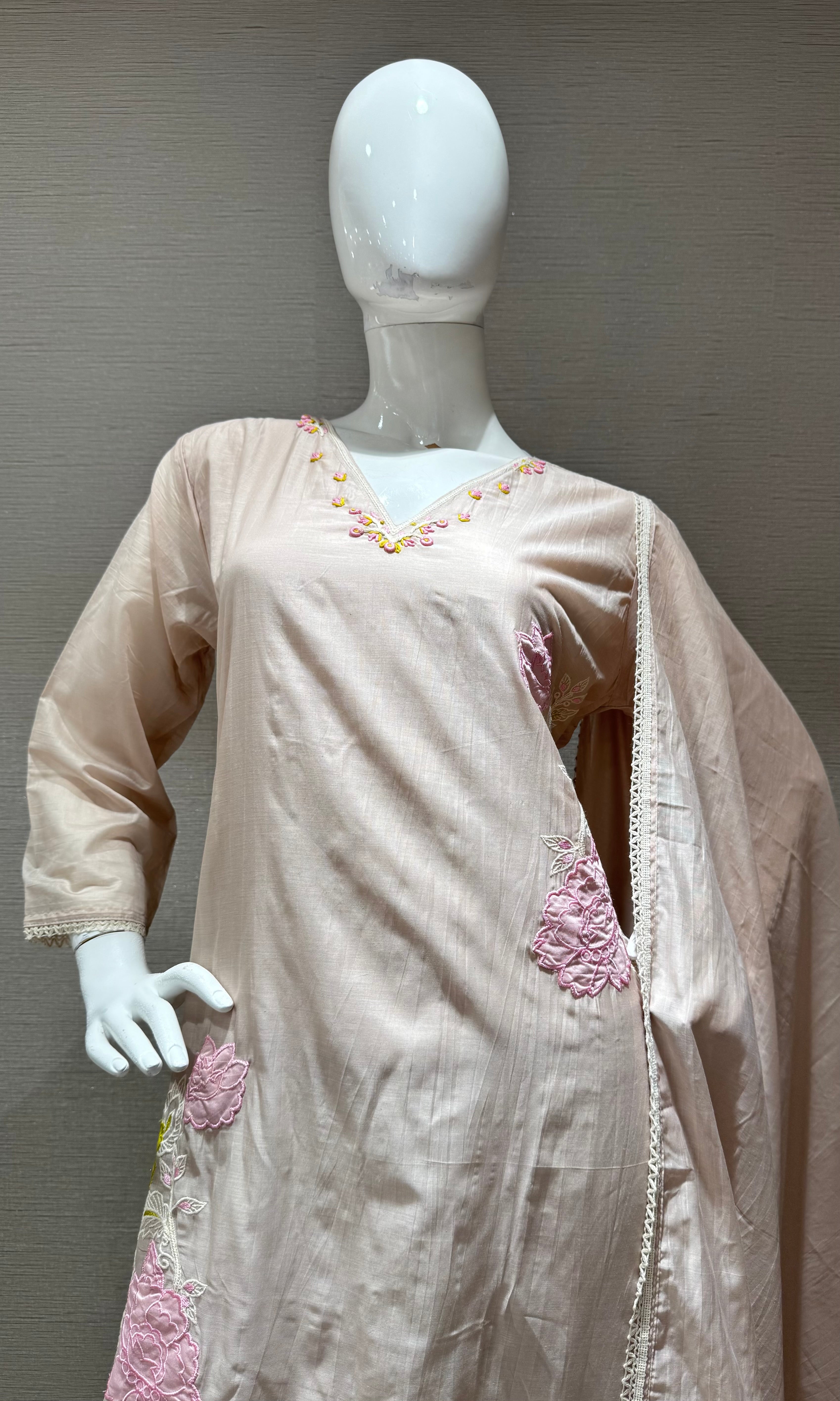 light beige kurta set with pink & yellow floral embroidery