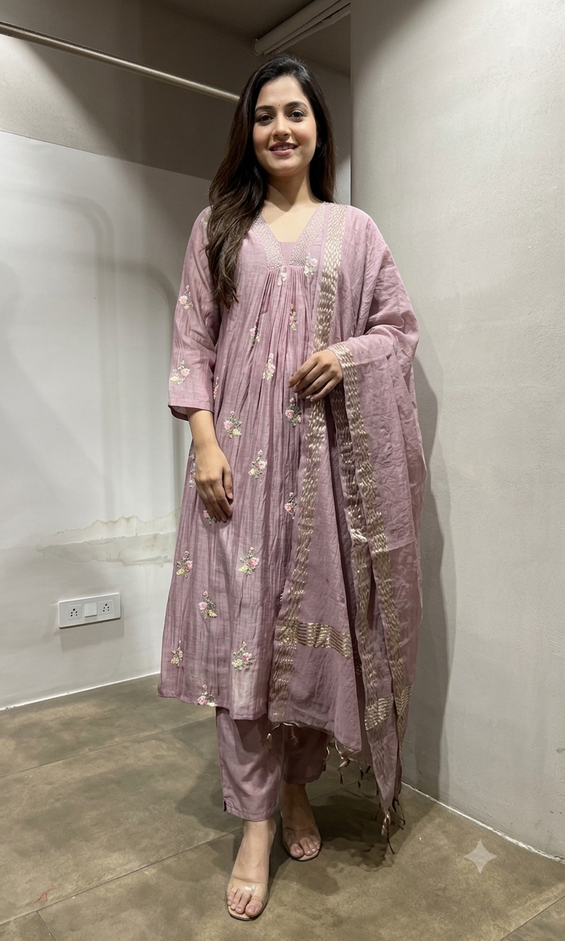 Onion Pink Flared Kurta Set with Dupatta
