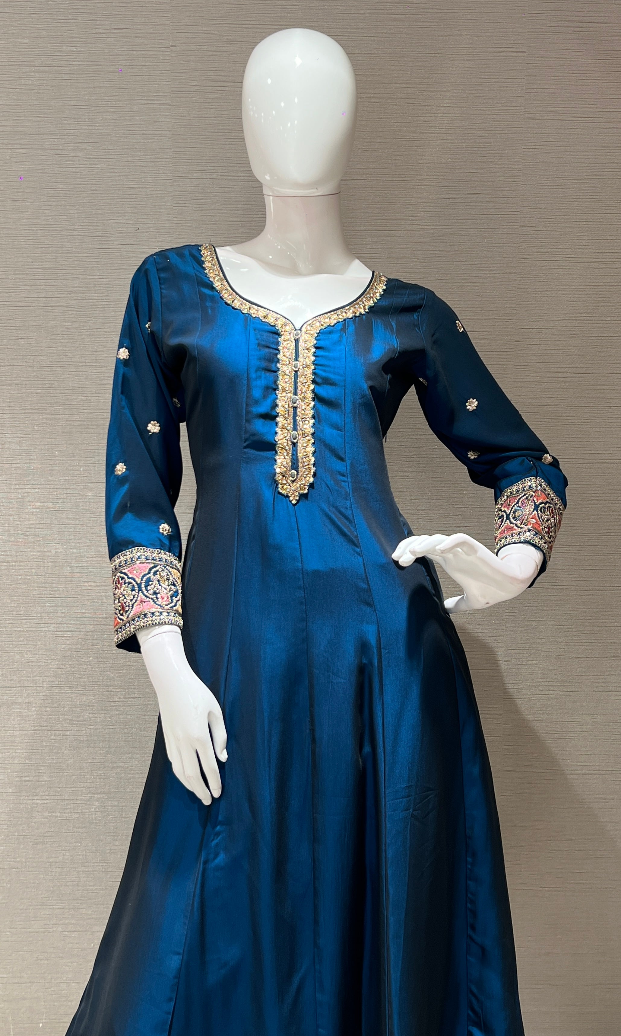 Rama blue gold embroidery Anarkali set