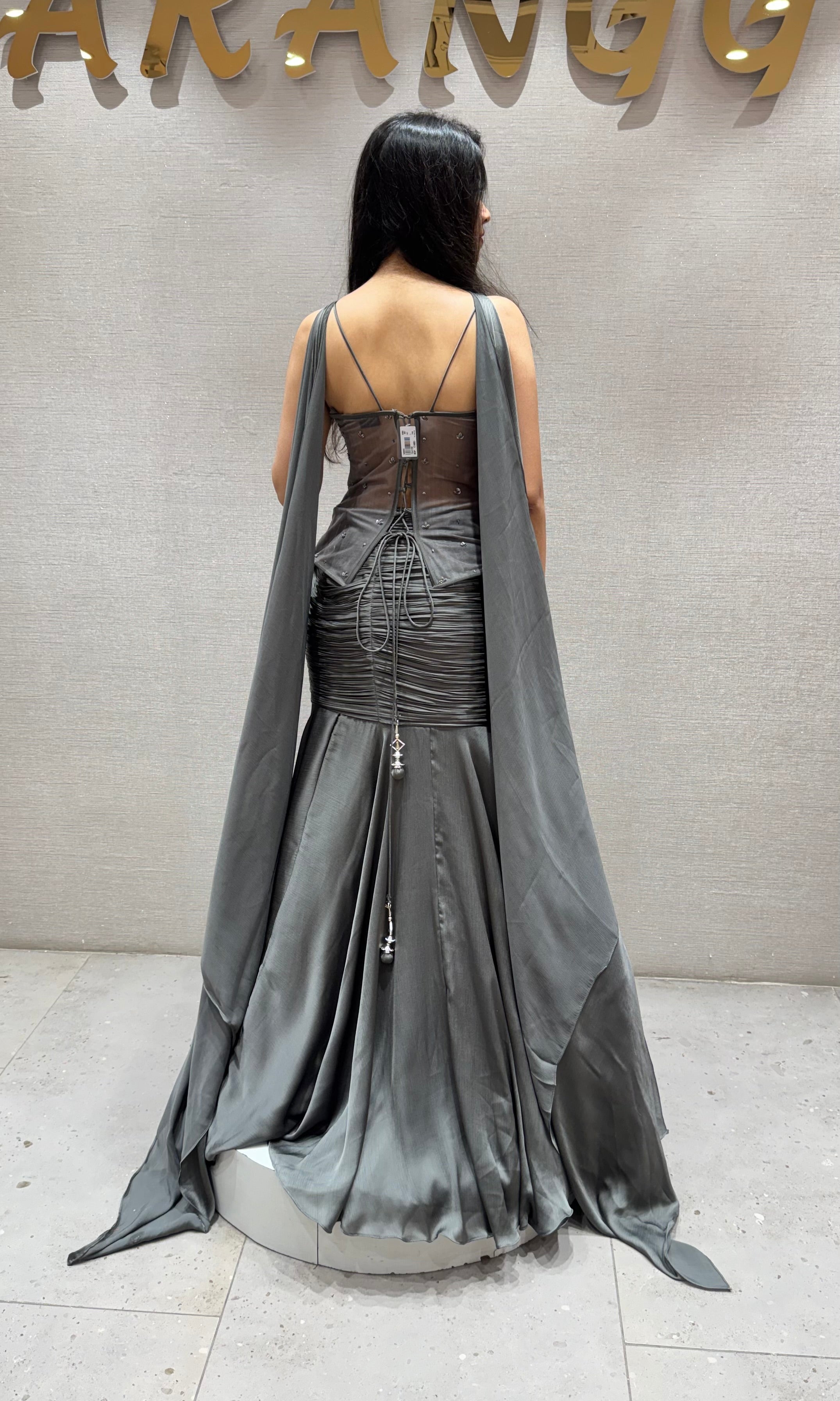 Grey ruffled lehenga with corset blouse