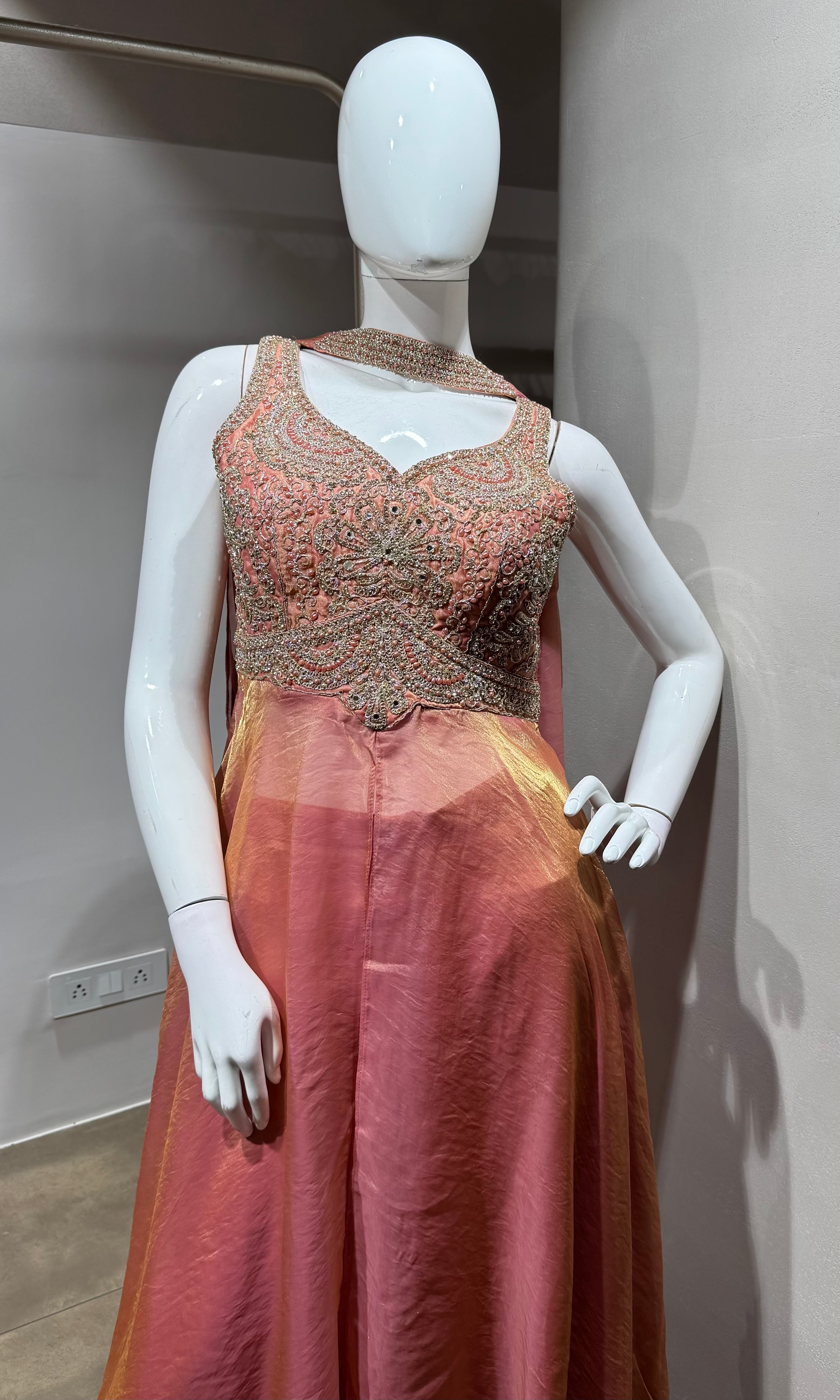 PEACH shimmer tissue embroidered palazzo set