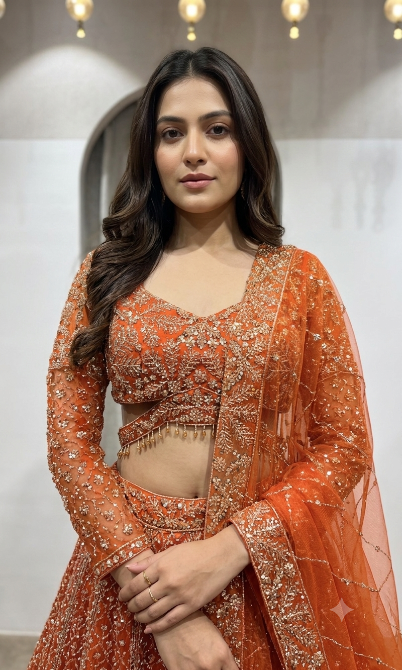 Orange Sequin Embroidered Bridal Lehenga Set