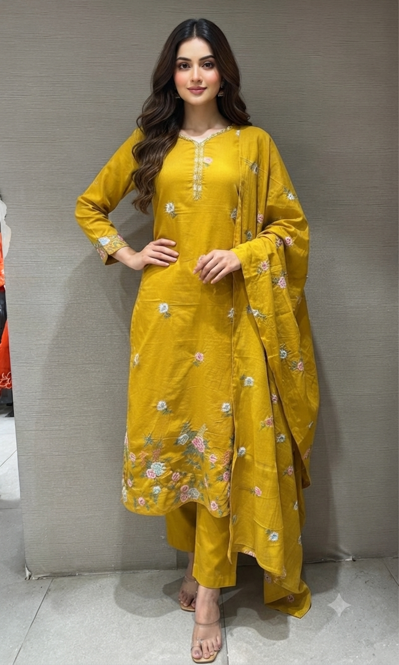 Yellow Floral Embroidered Kurta set with Dupatta