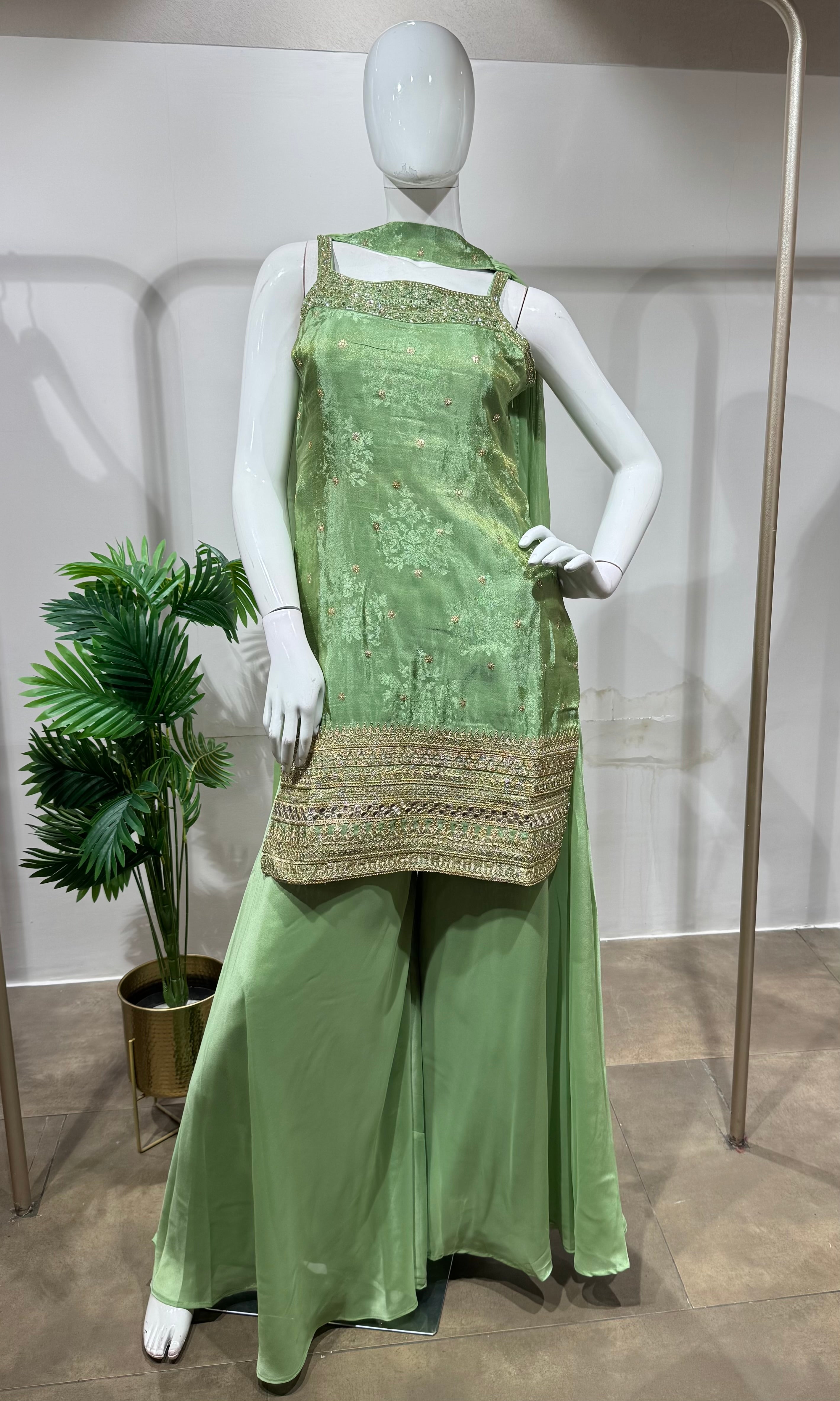Green Embroidered Sharara Suit