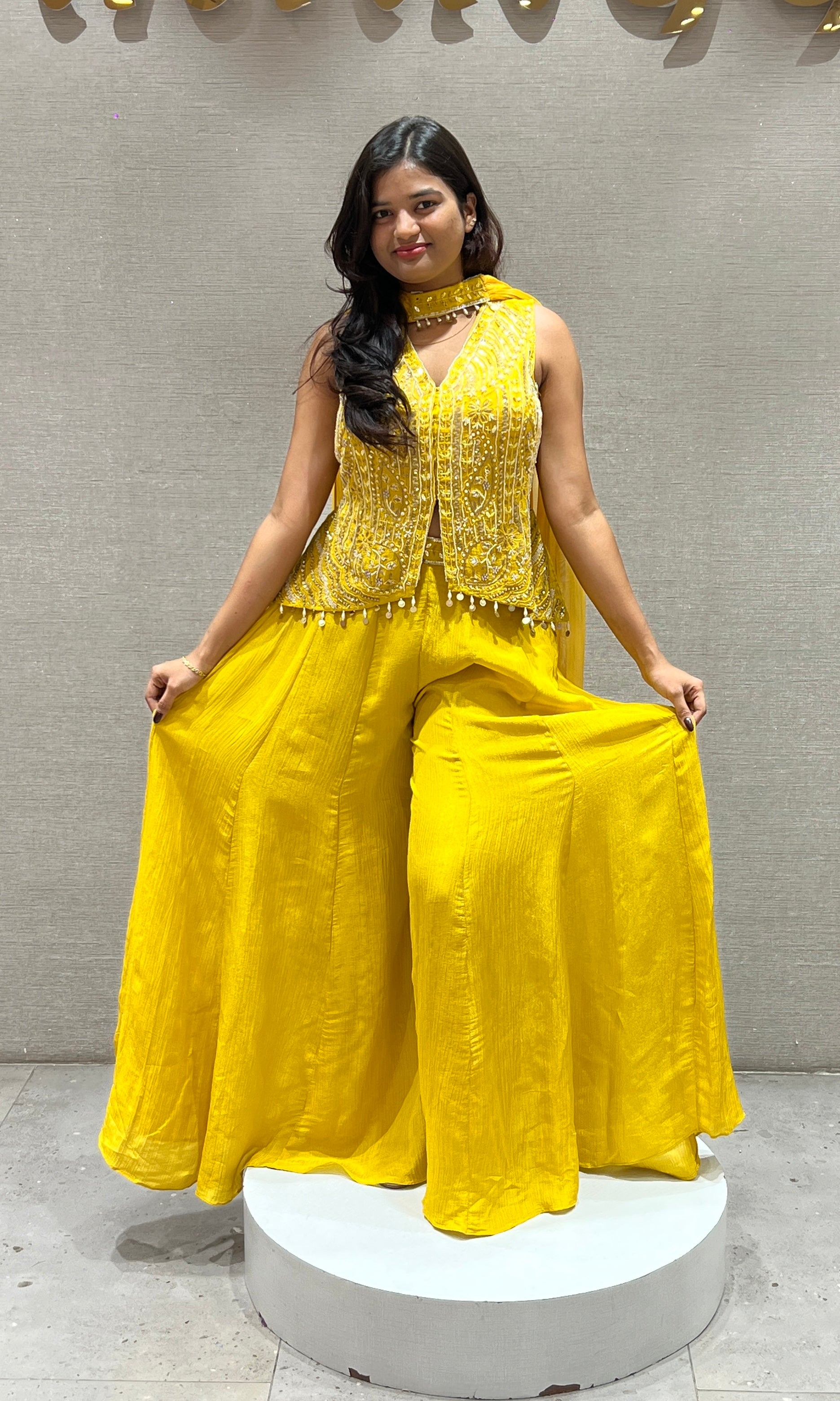 Yellow Embellished Jacket Top and Sharara