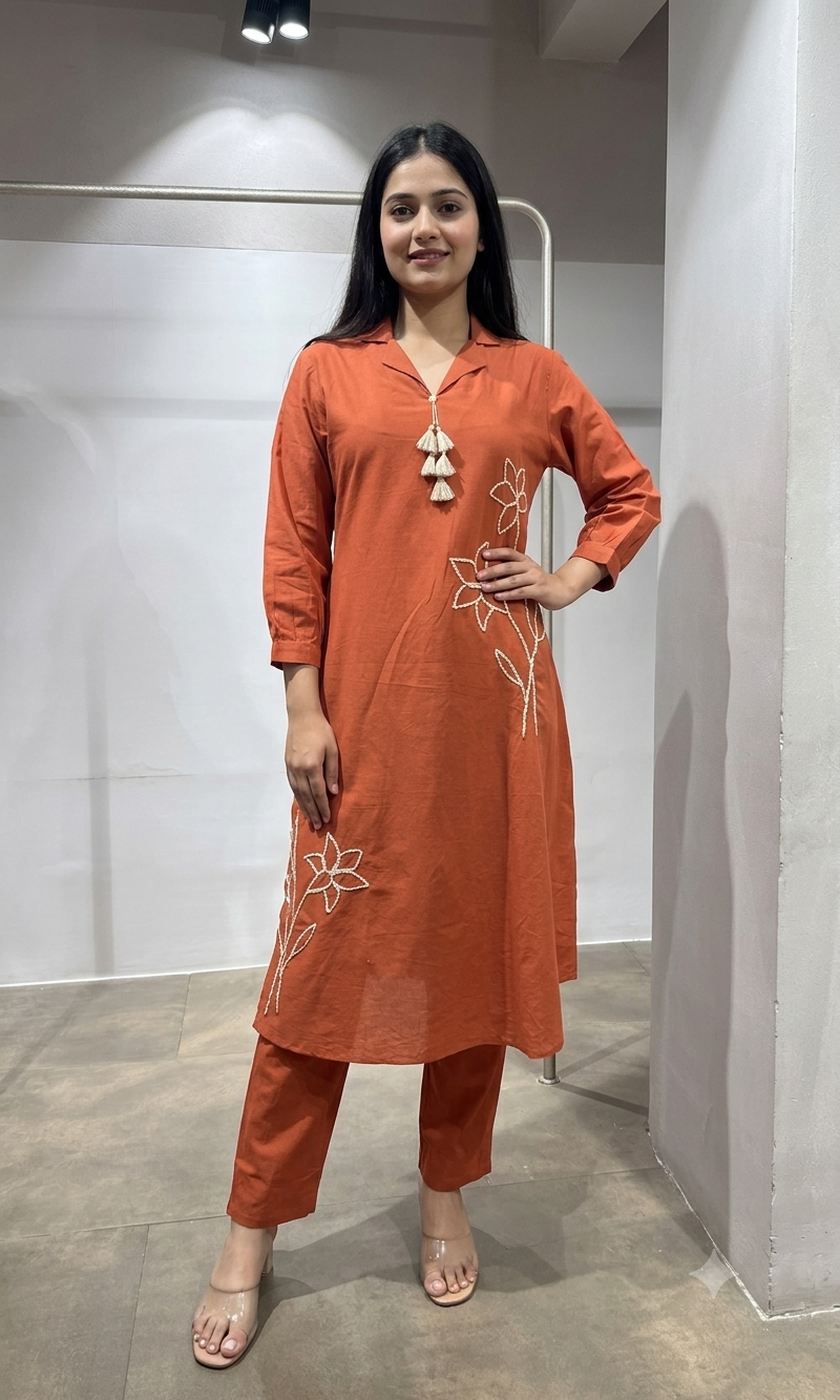 Rust cotton linen Kurti set