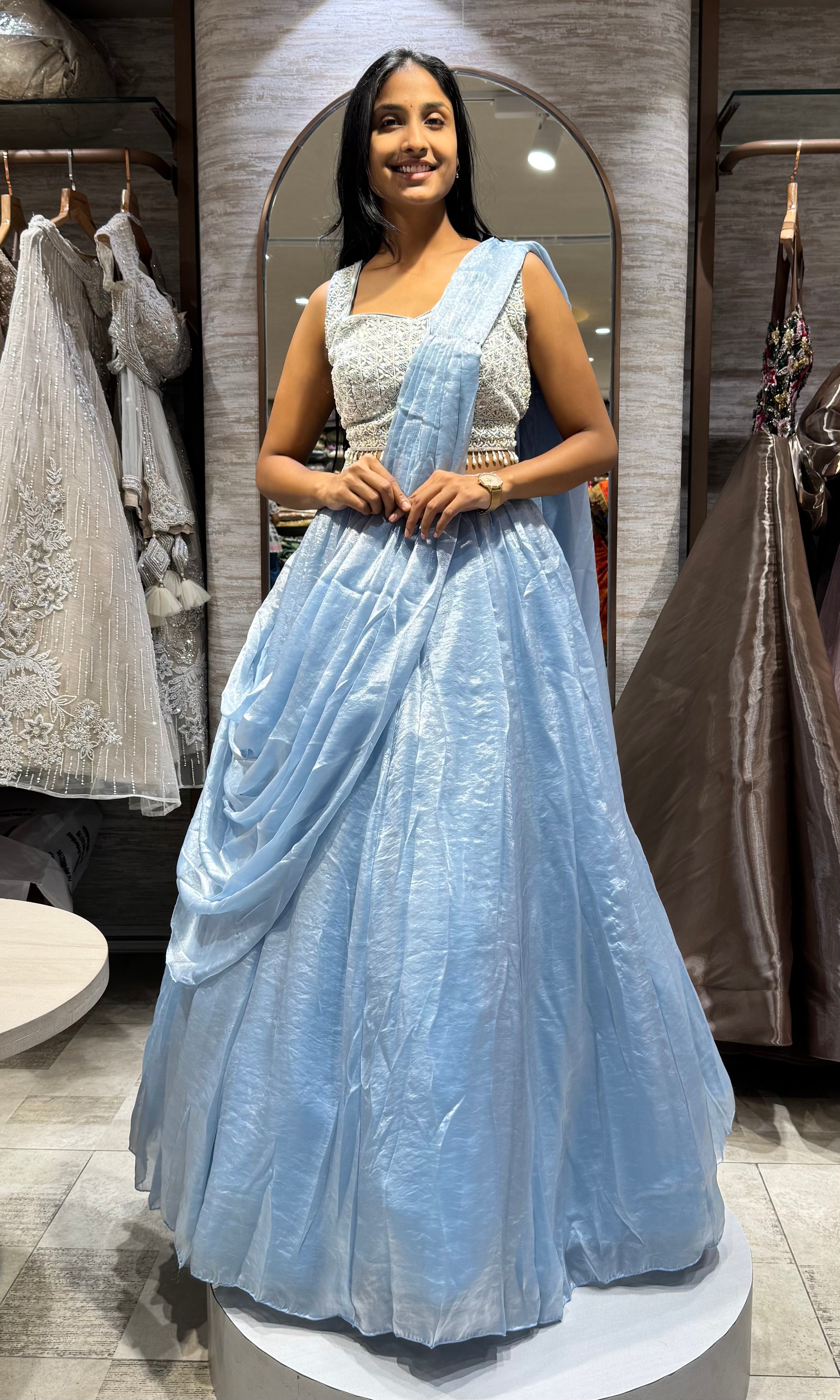 sea Blue Organza Bead Embroidered Lehenga