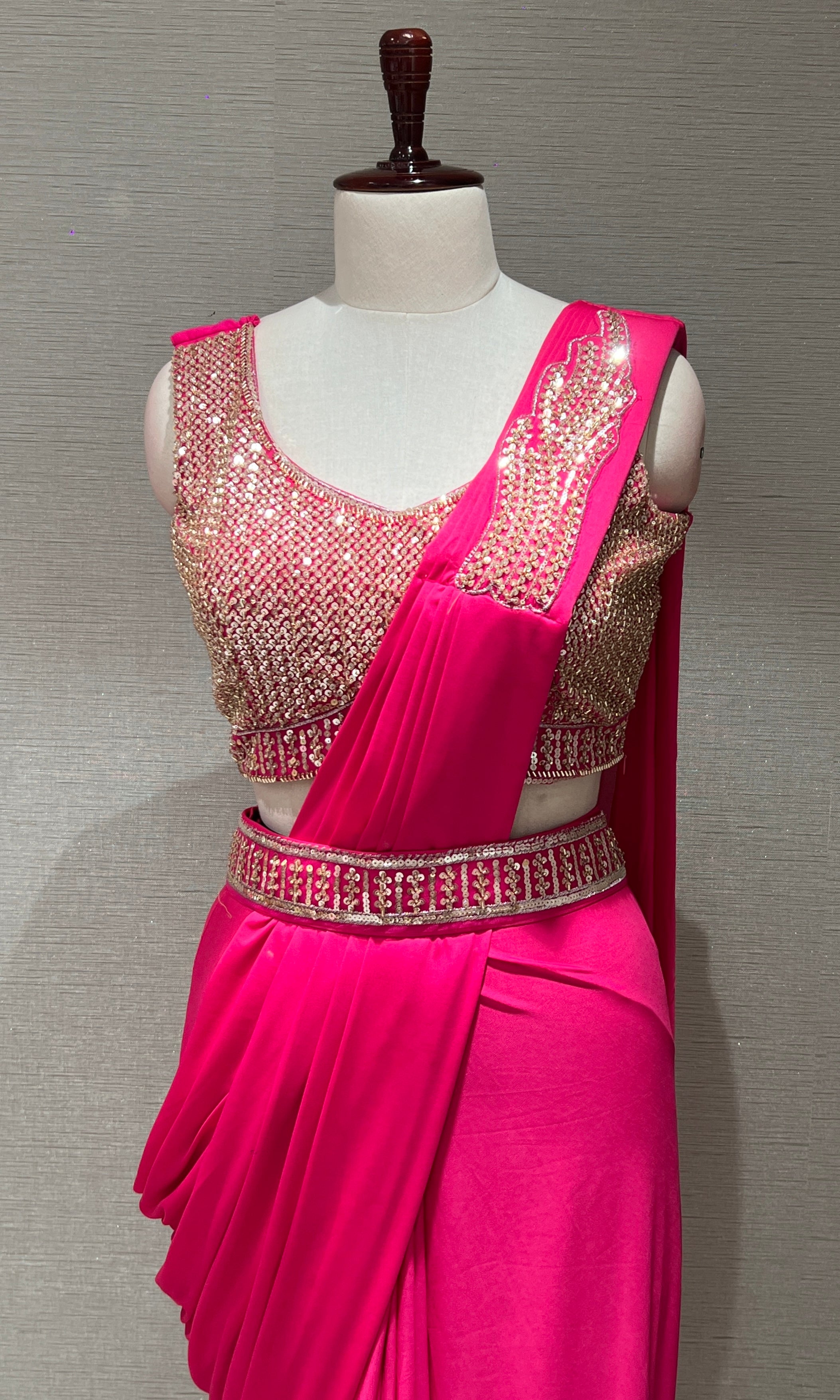 pink drape saree with embroiderY blouse & belt