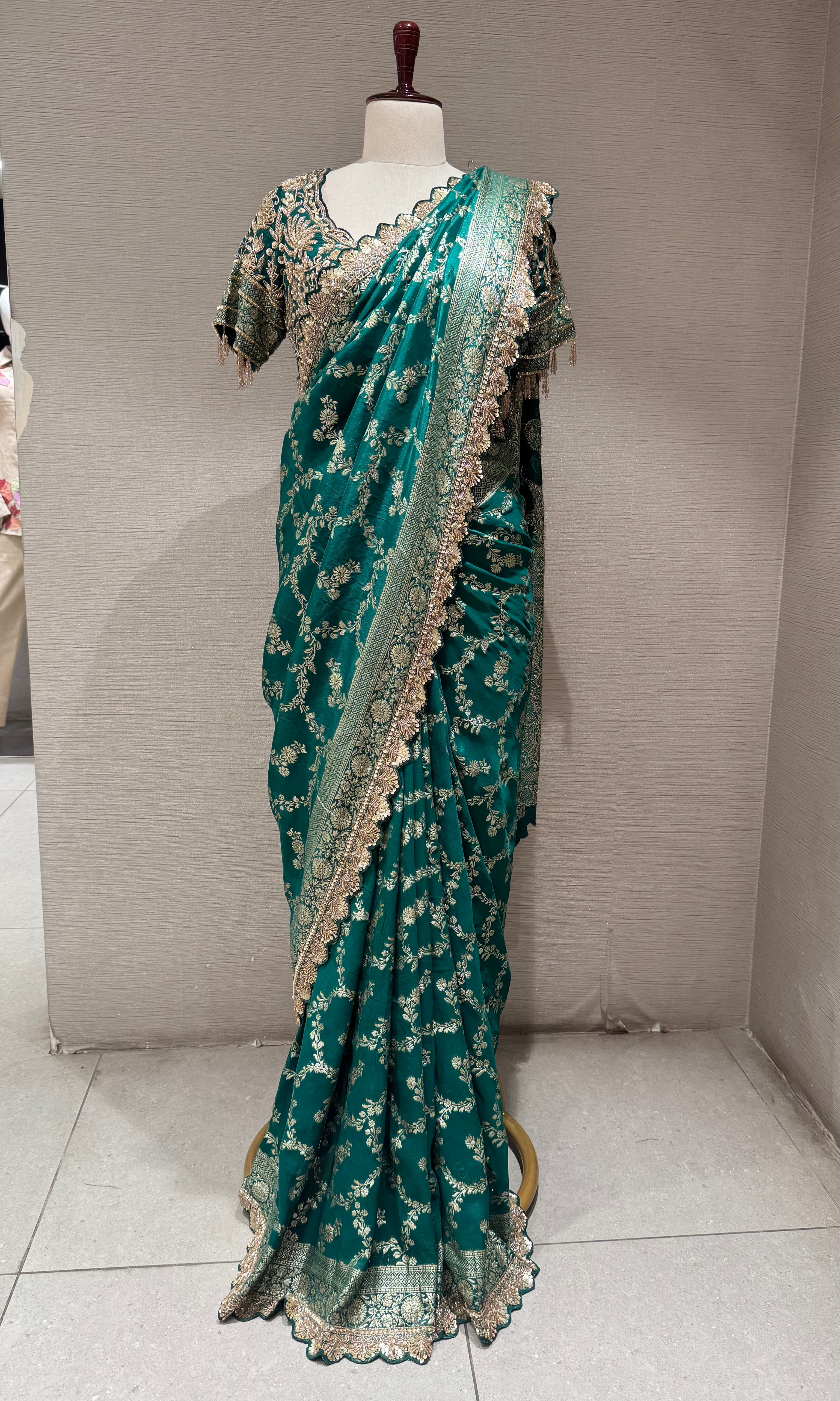 Deep Green Silk Saree with embroidered blouse