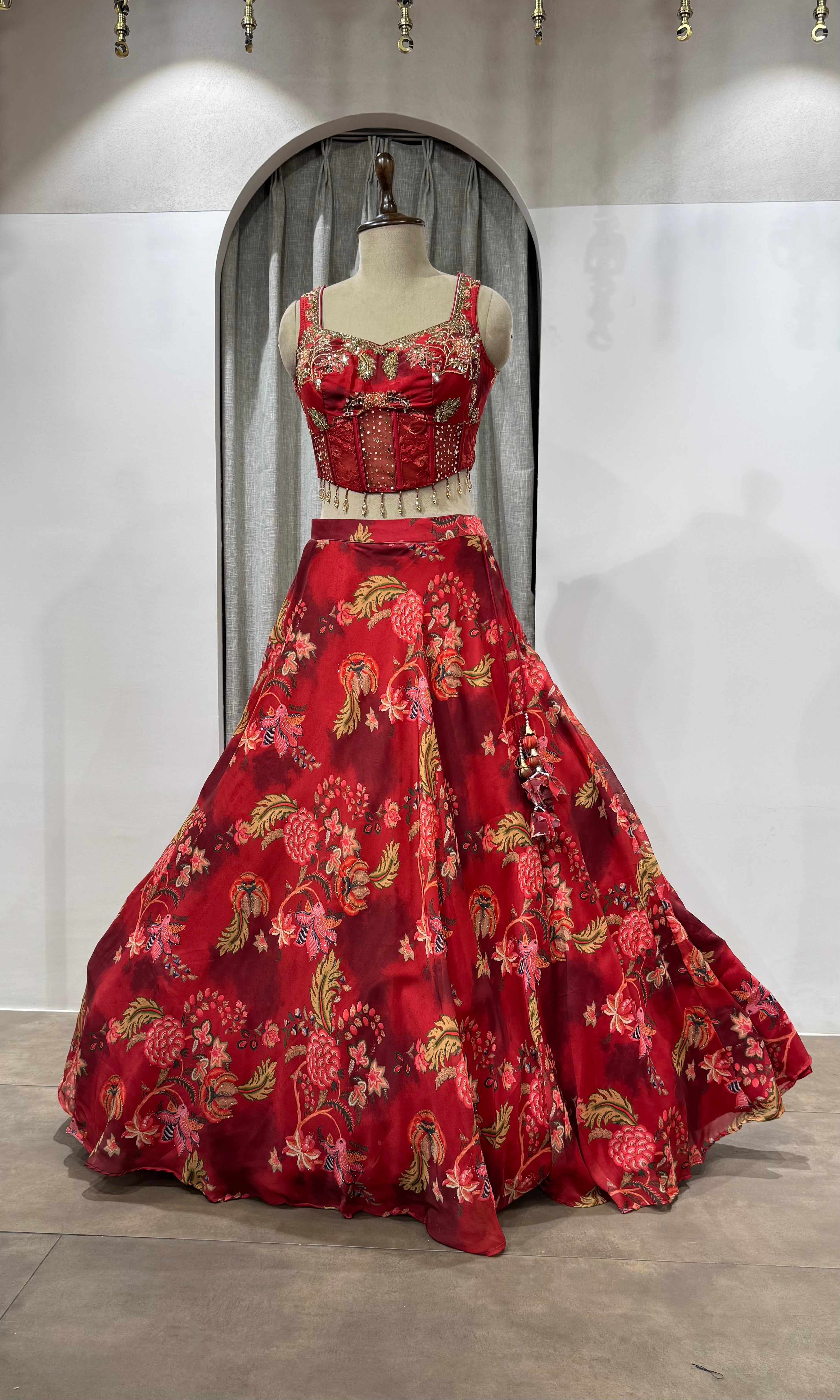 Red Indian Organza Printed Lehenga Set