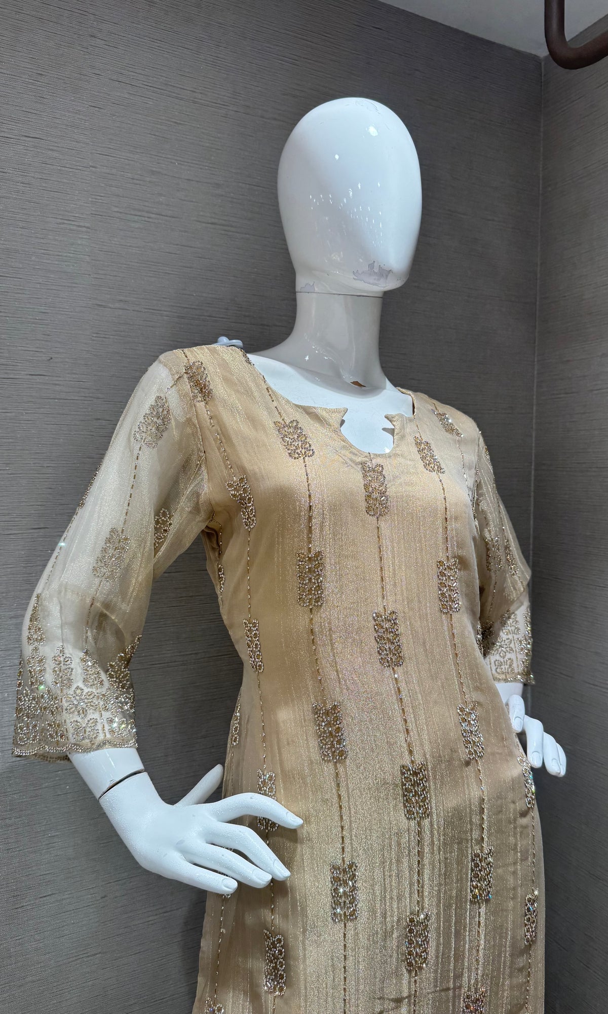 Beige Tissue silk embroidered kurta set with dupatta