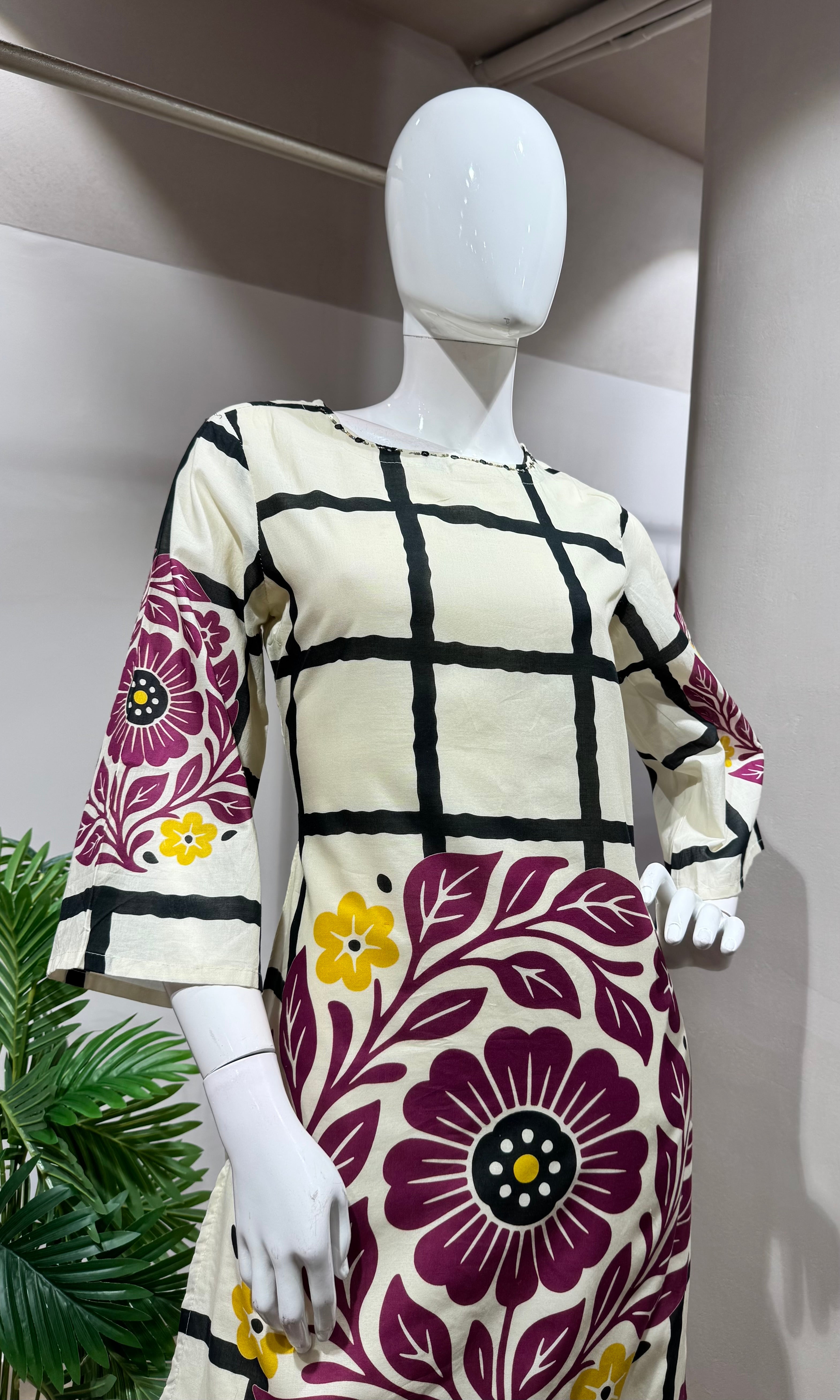 PURPLE Silk Kurti Set with Floral Print