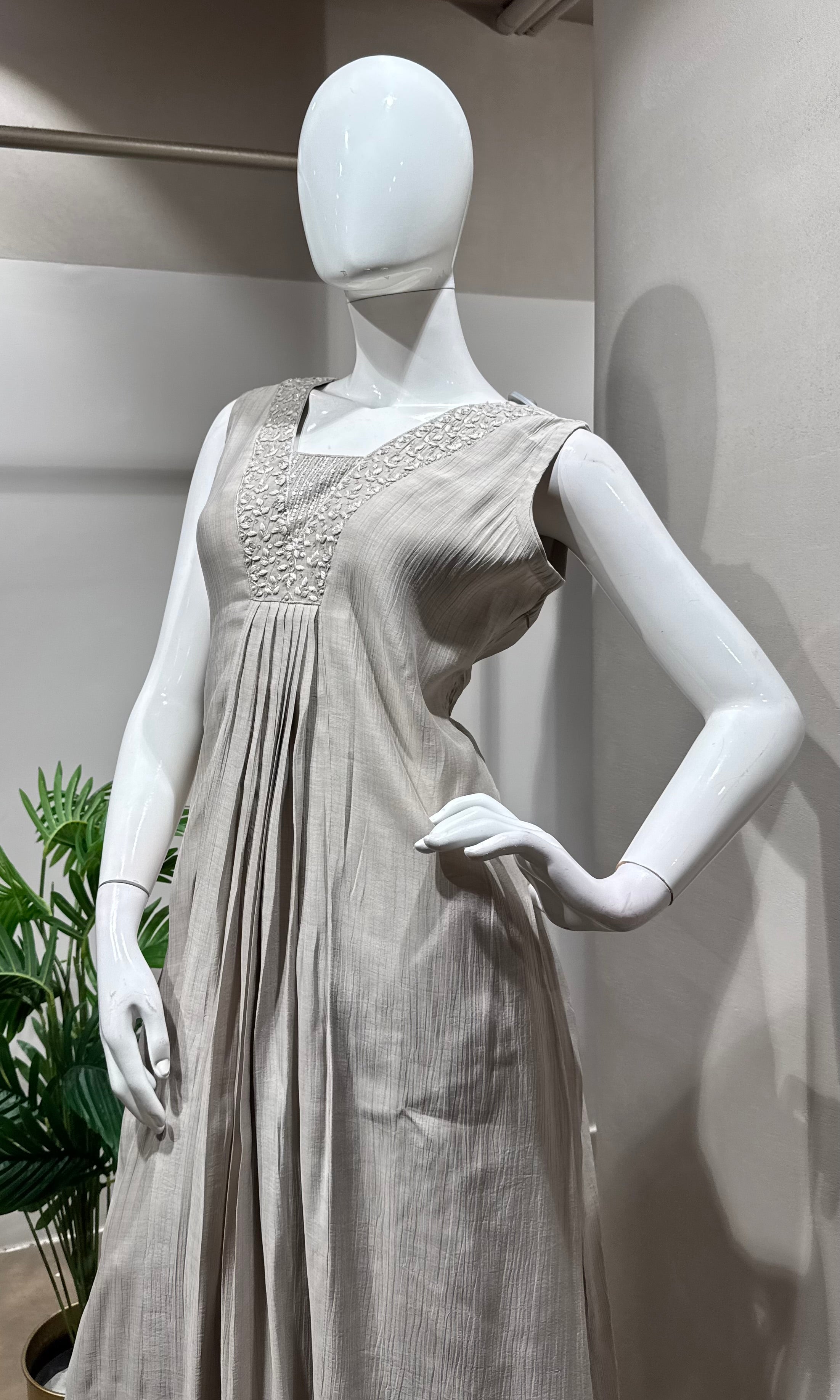 grey embroidered a line kurta set