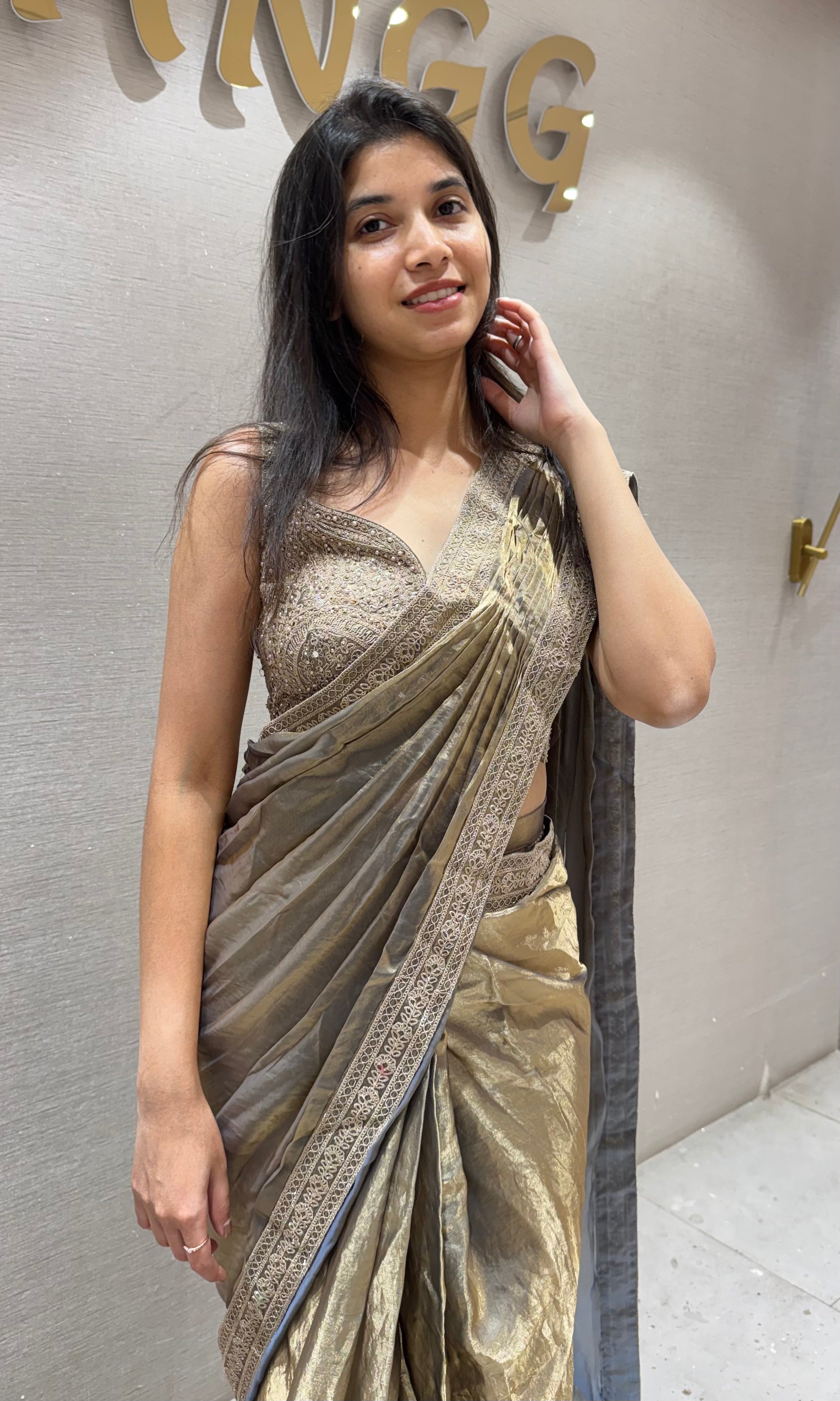GREY Draped Saree with Embroidered blouse