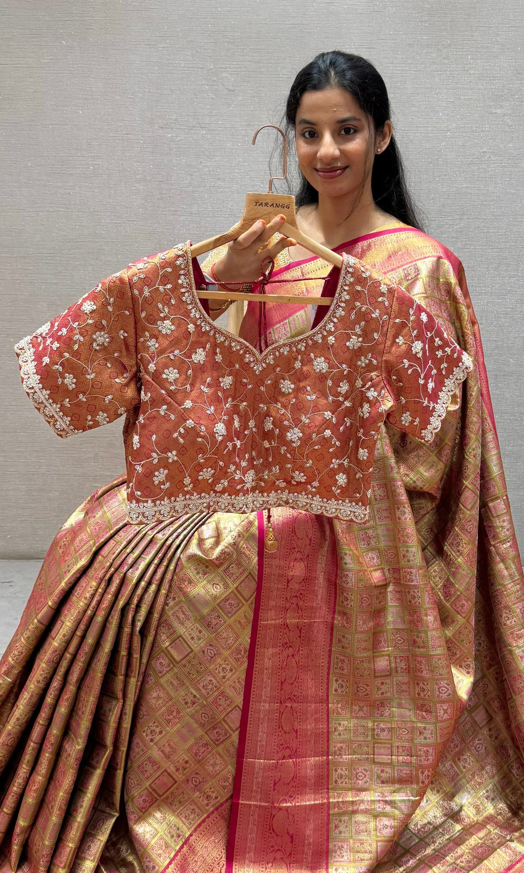 Pink saree with ready blouse