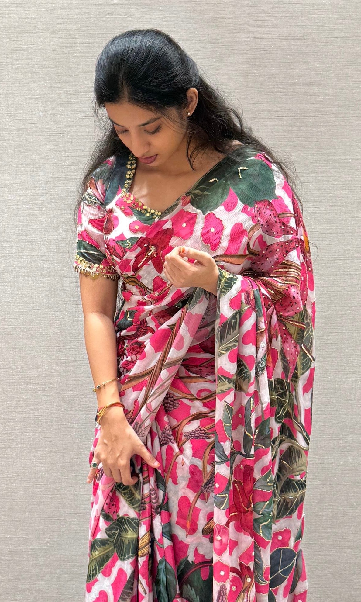 Pink saree with ready blouse