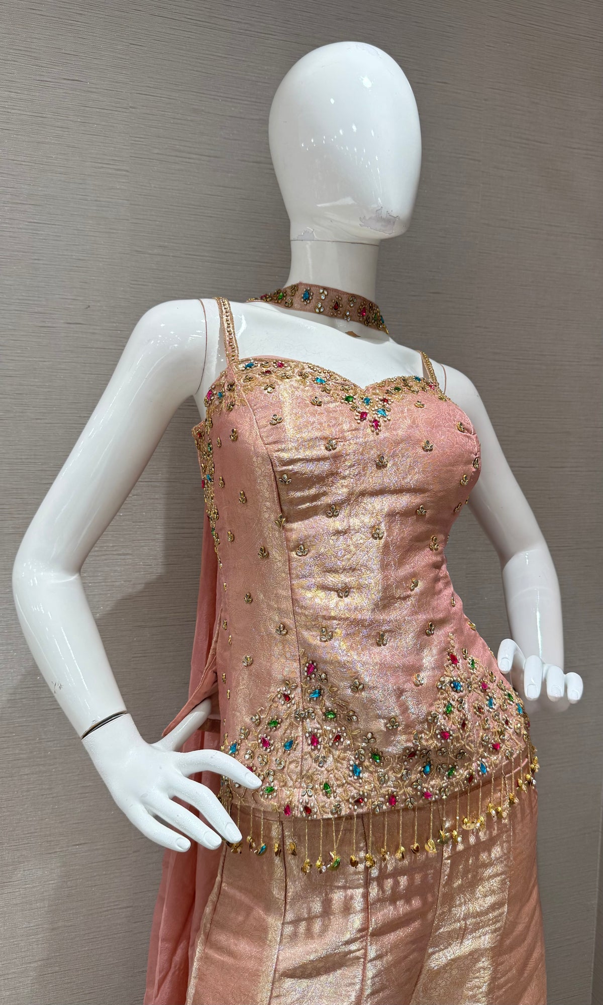 Peach Shimmer Corset Top and Stoned Palazzo Set