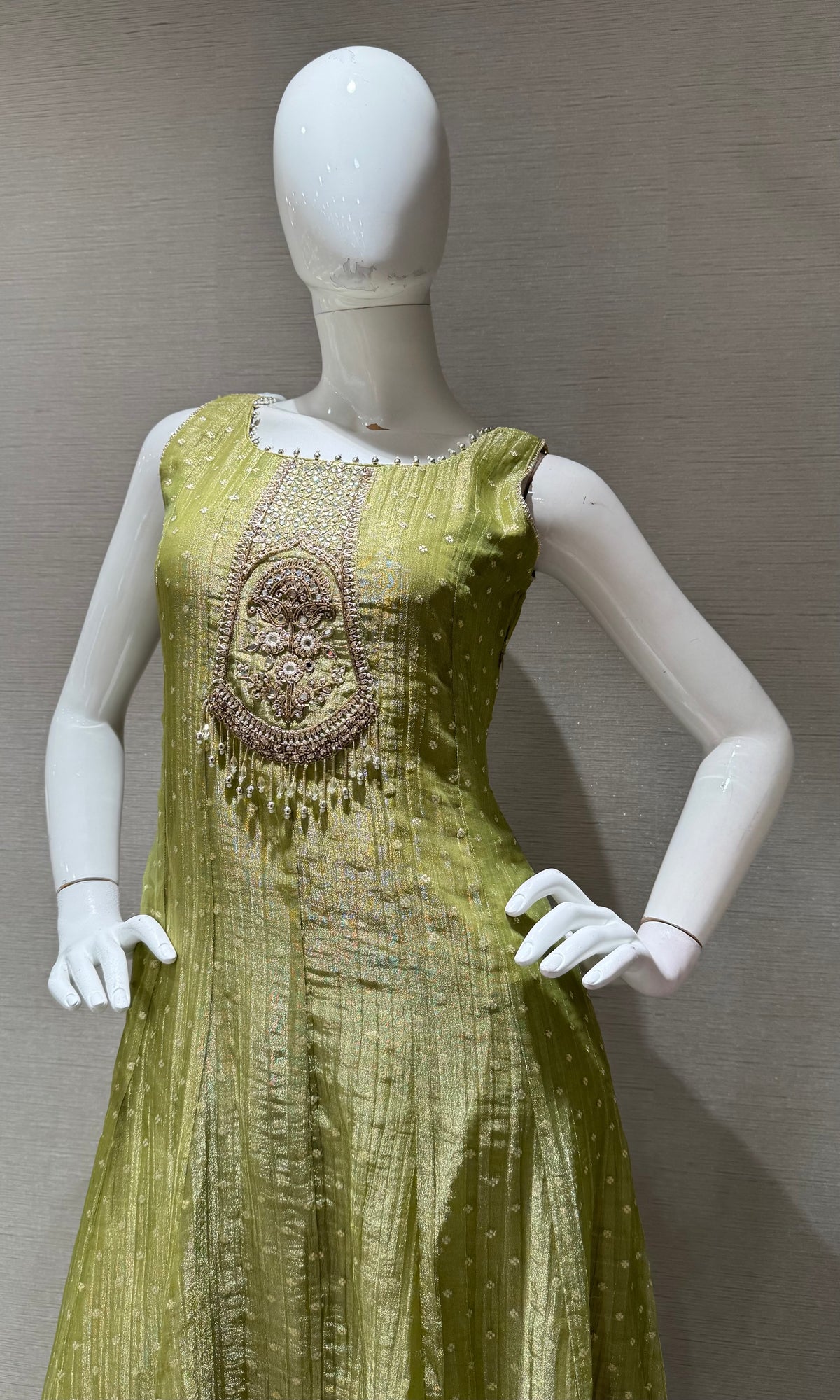 green tissue silk embroidered anarkali set with dupatta