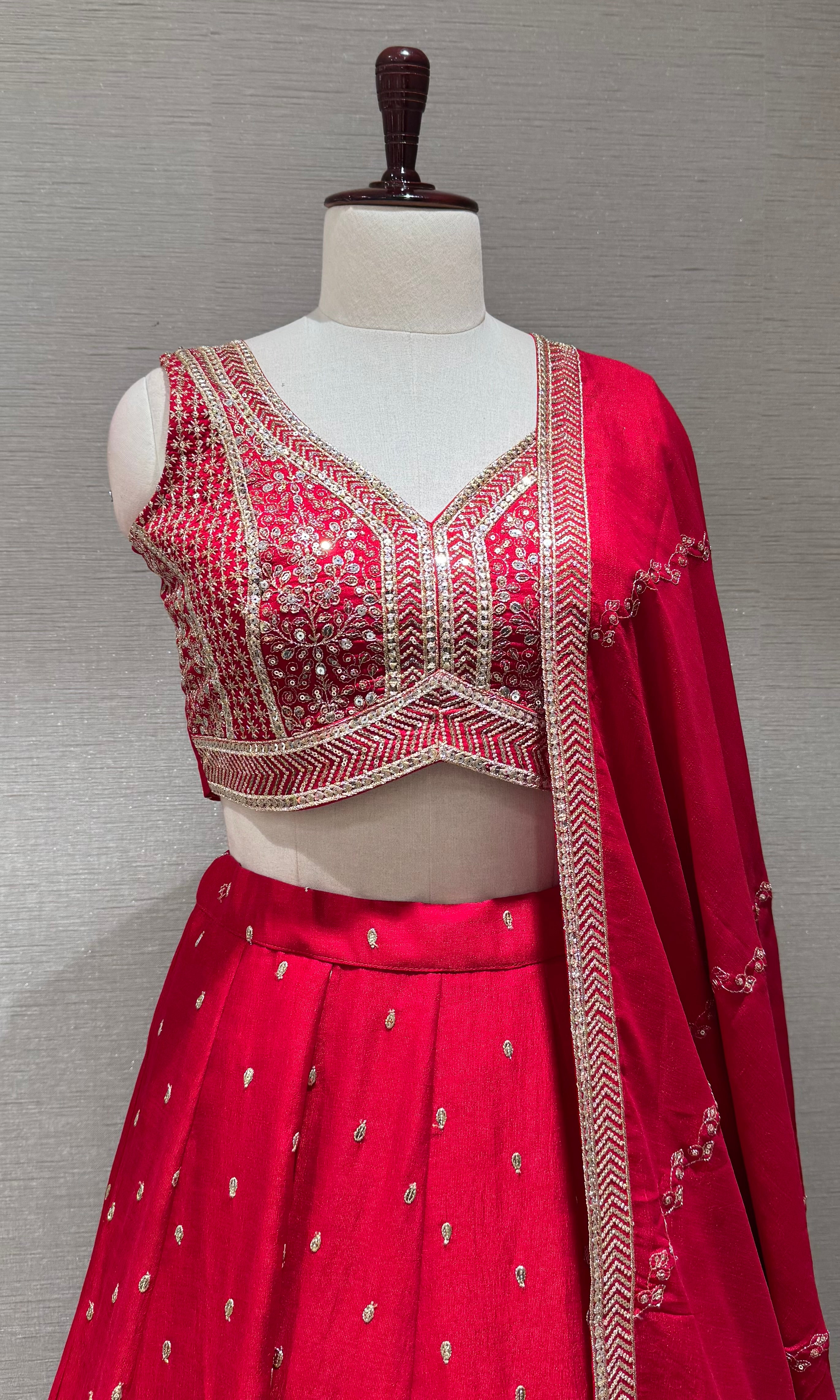 Red Silk Lehenga set with Gold Border