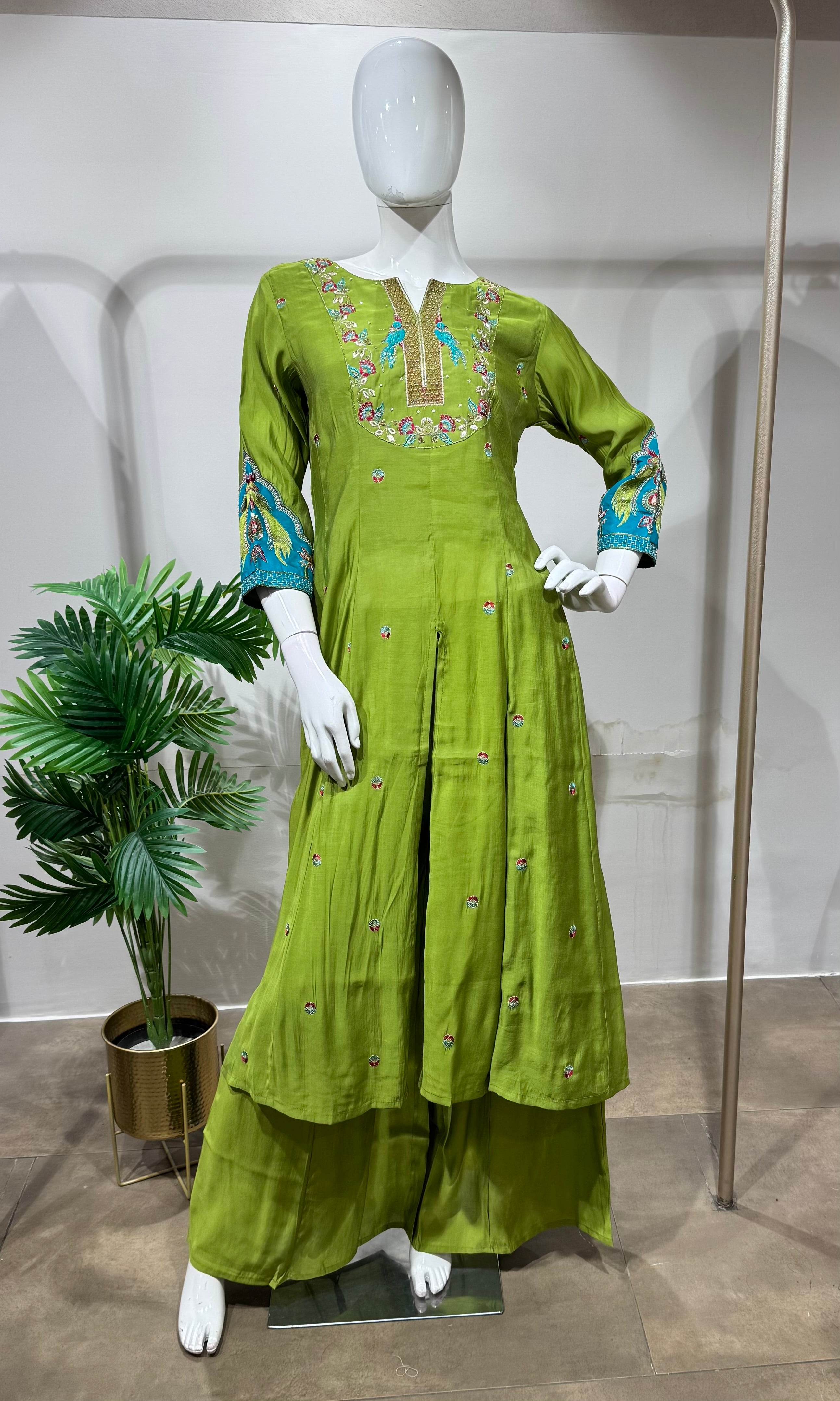 Green embroidered anarkali with palazzo pants
