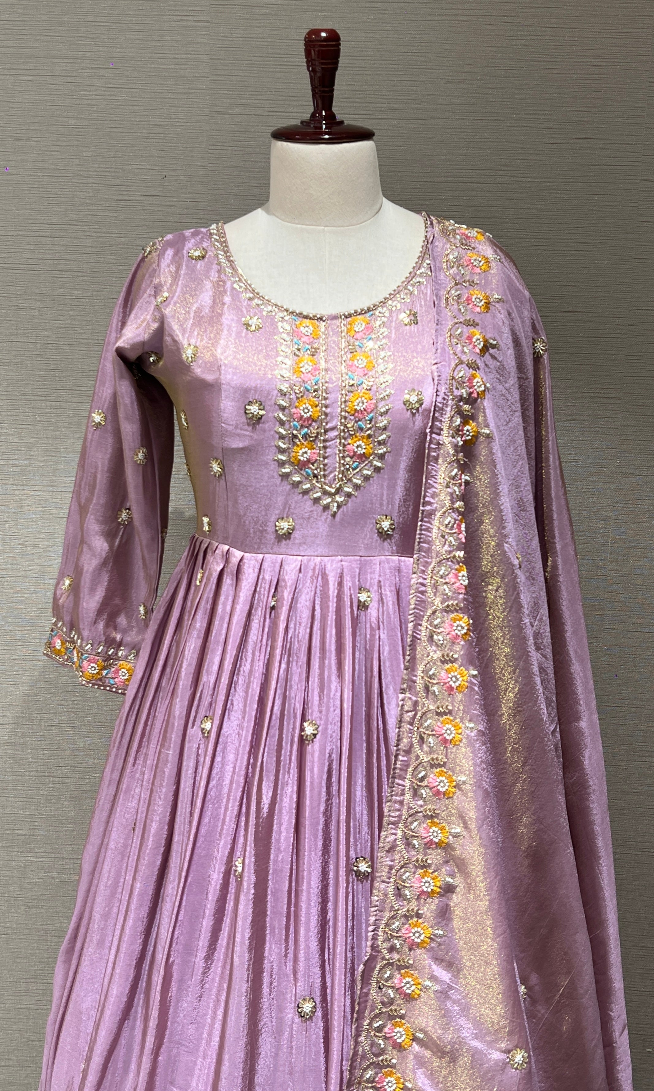 Lilac Anarkali Gown with Floral Embroidery and Dupatta