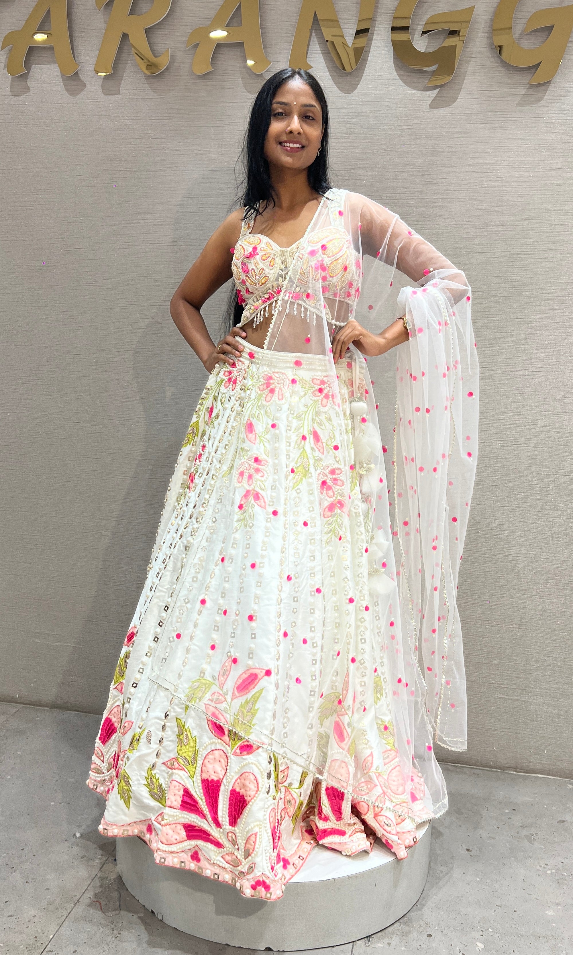 White Shimmering Botanical Lehenga Choli