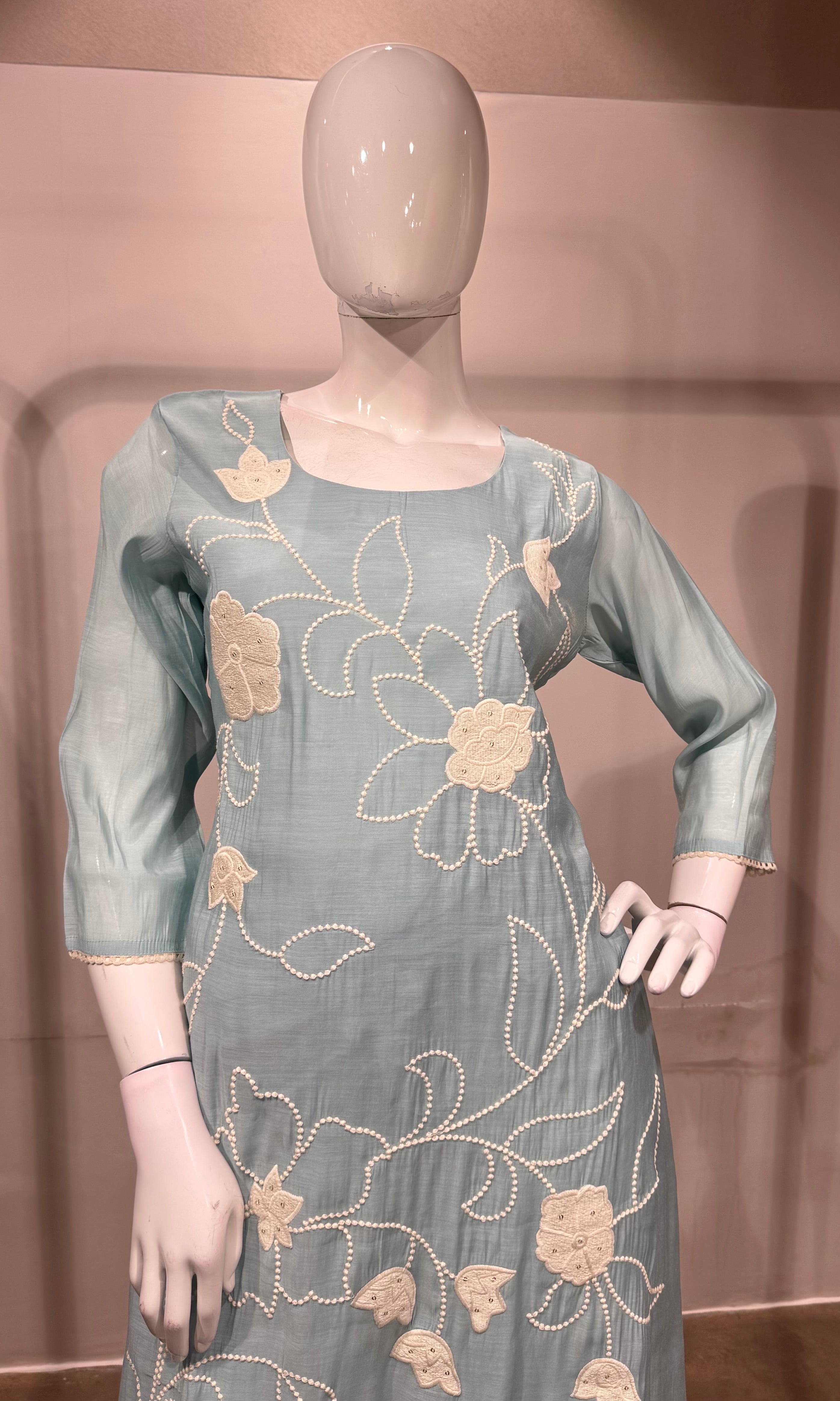 Sky Blue Embroidered Straight Kurta with Dupatta