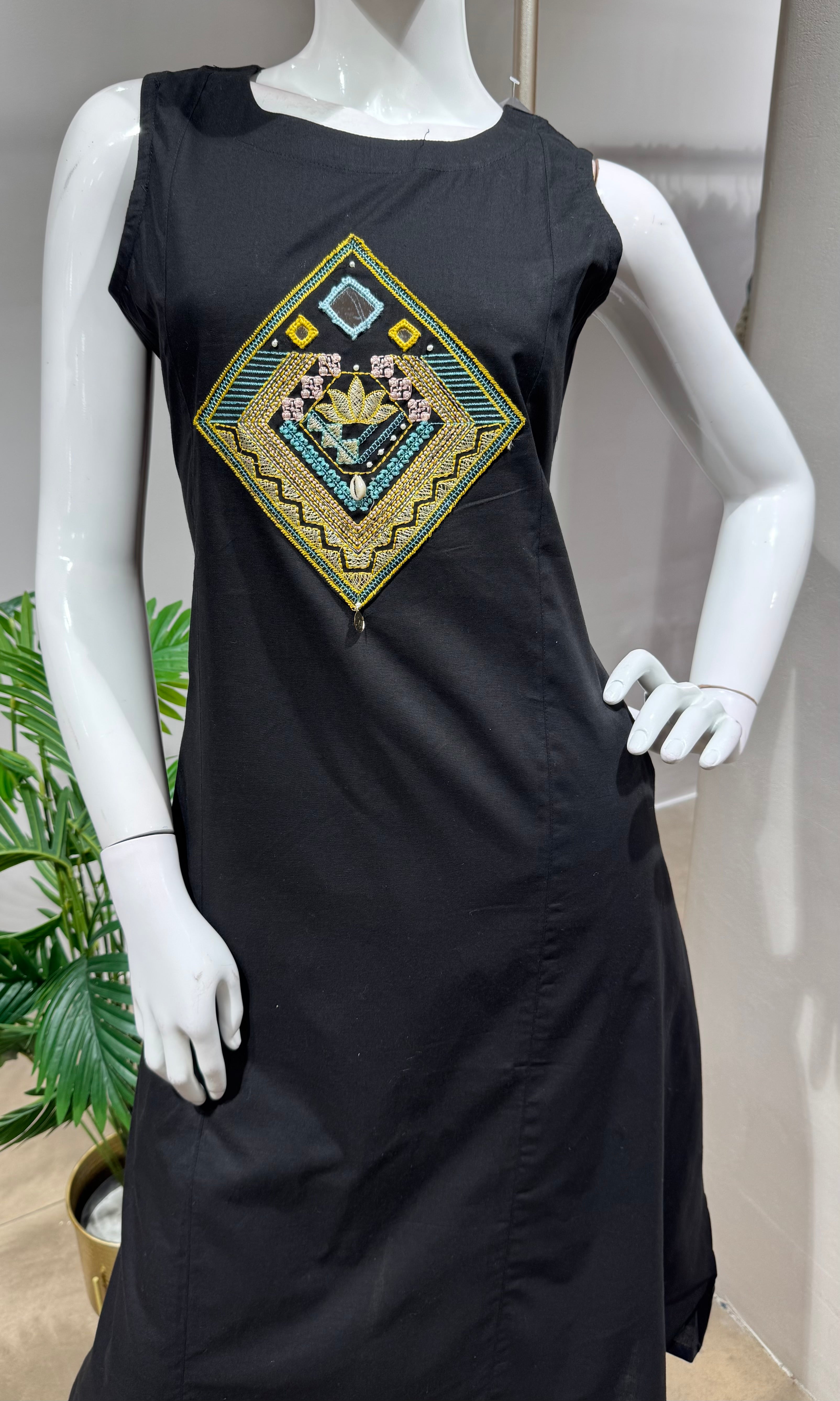 Black Sleeveless Kurta with Embroidered Yoke