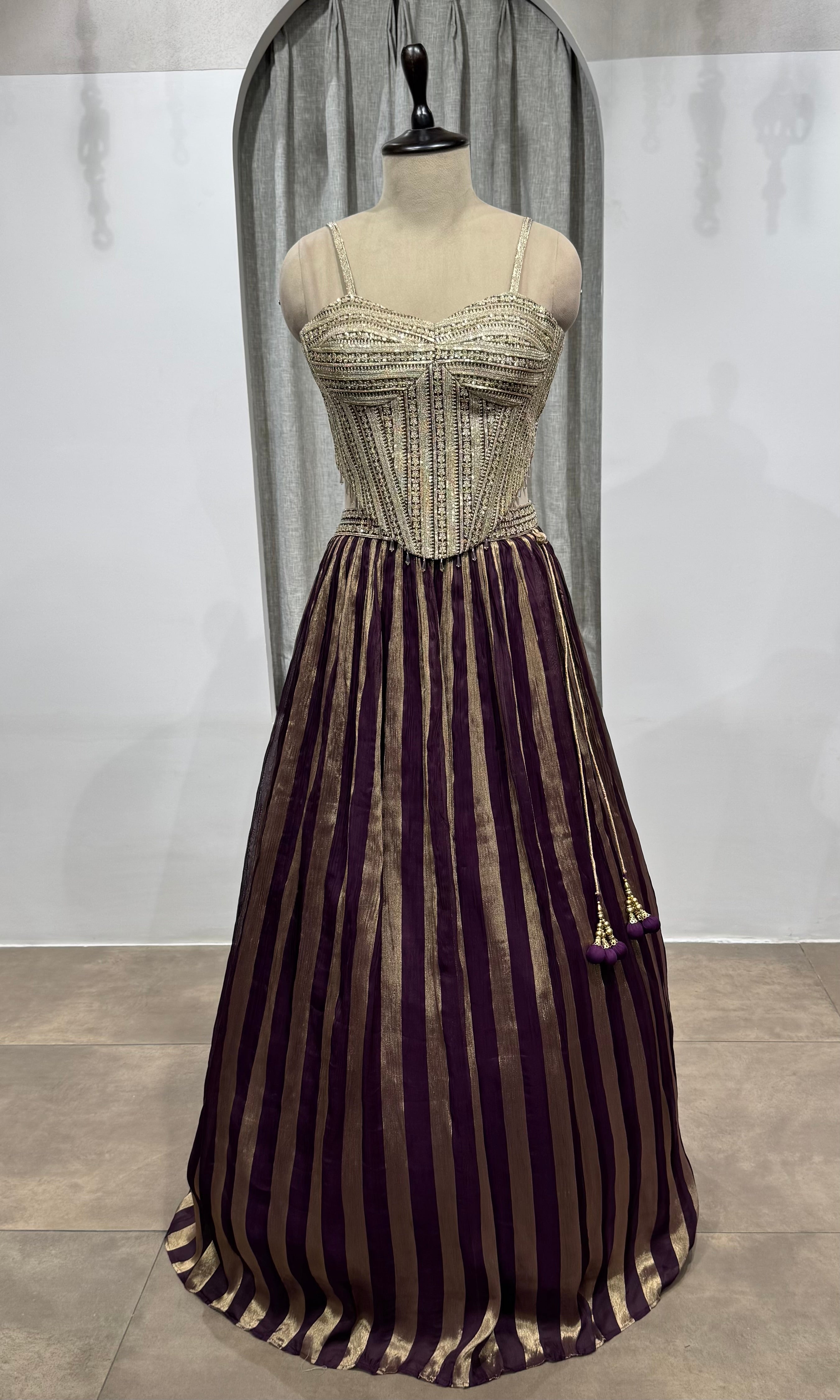 wine and gold striped corset lehenga