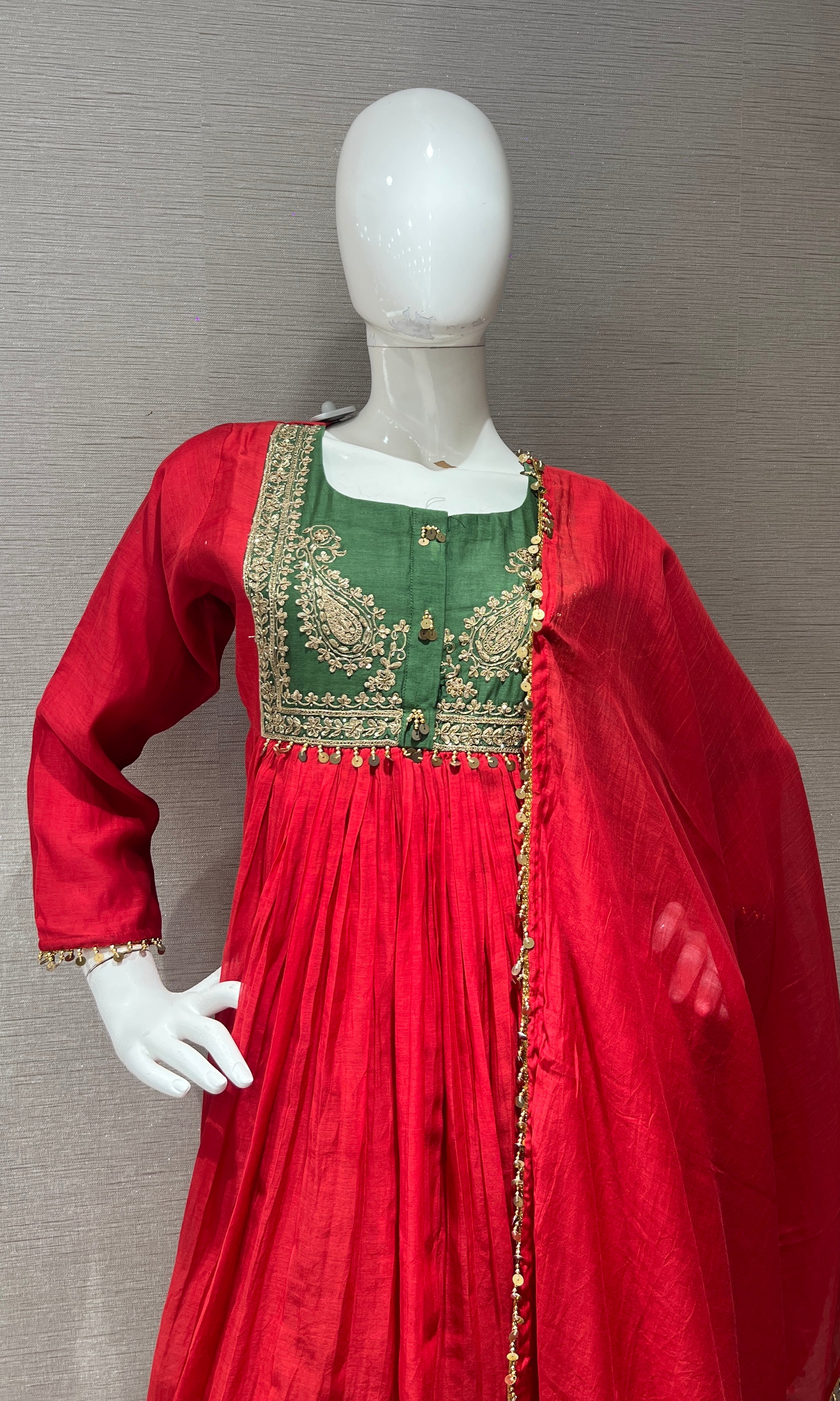Red Flared Anarkali with Contrast Dupatta